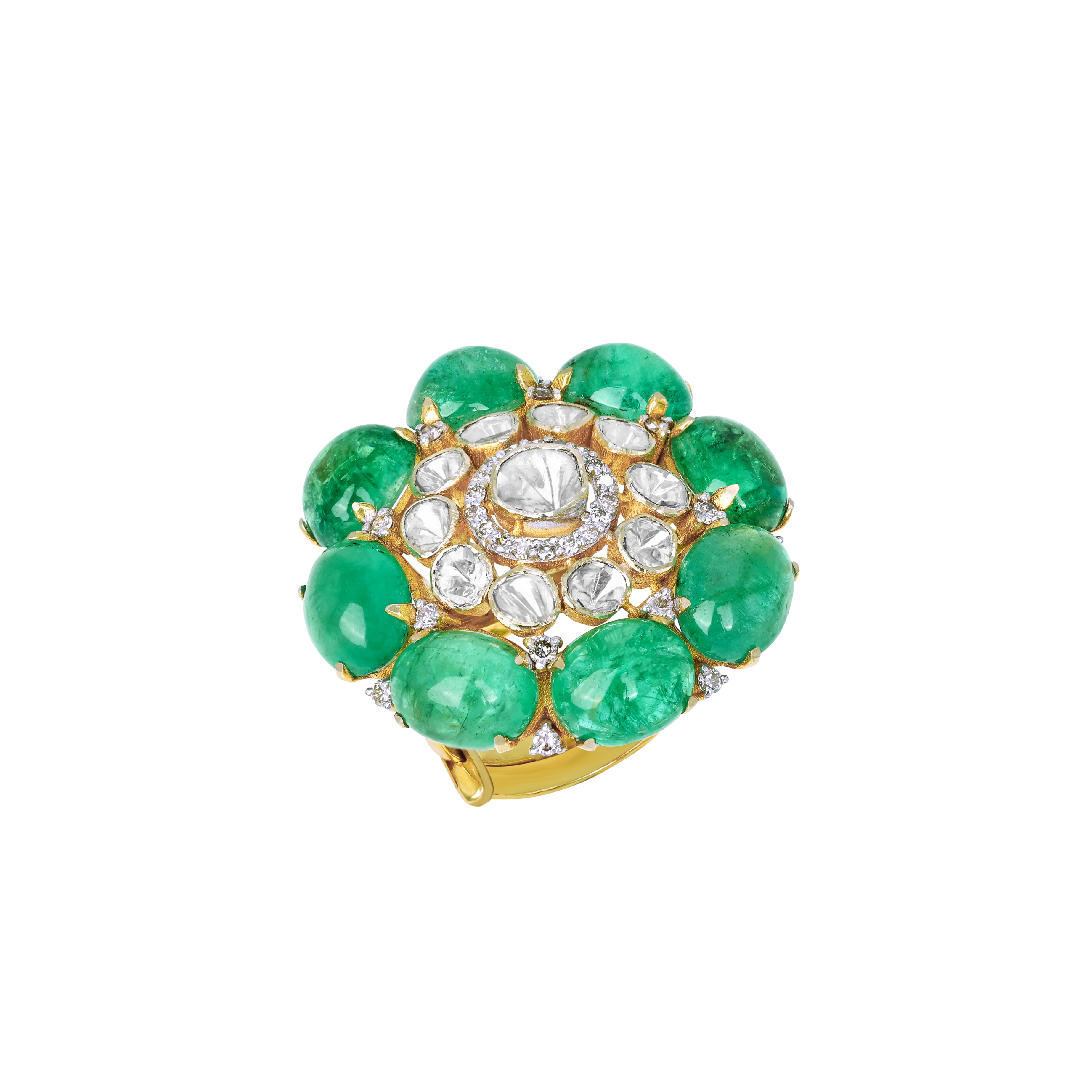 Floral Ring with Emerald Petals , Diamonds and Polki