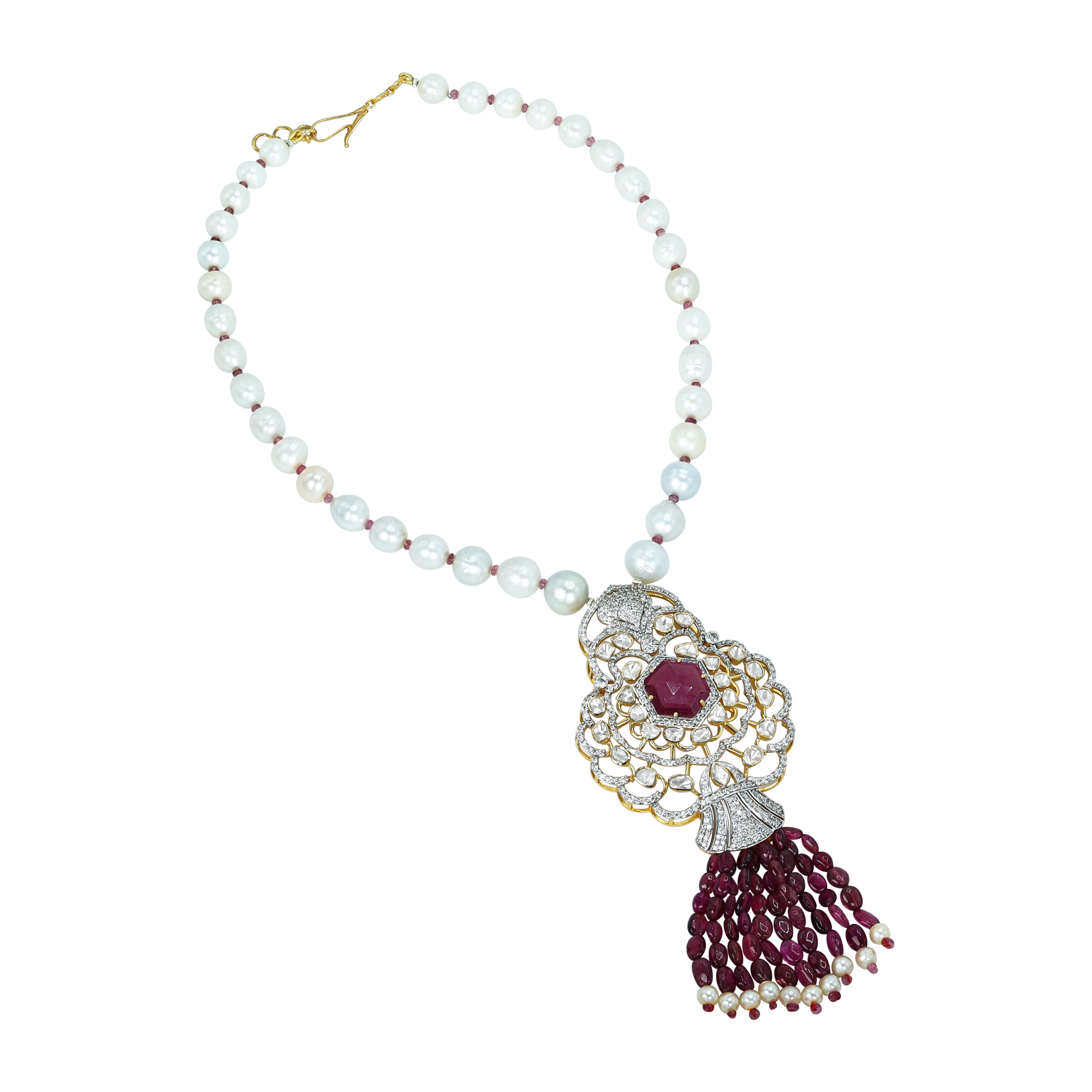 Hexagonal Tourmaline Pendant with Diamond Filigree and Tourmaline Tassels