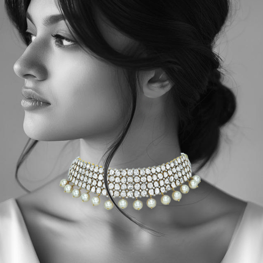 Polki Diamond Choker with Multi-Row Design and Pearl Drops