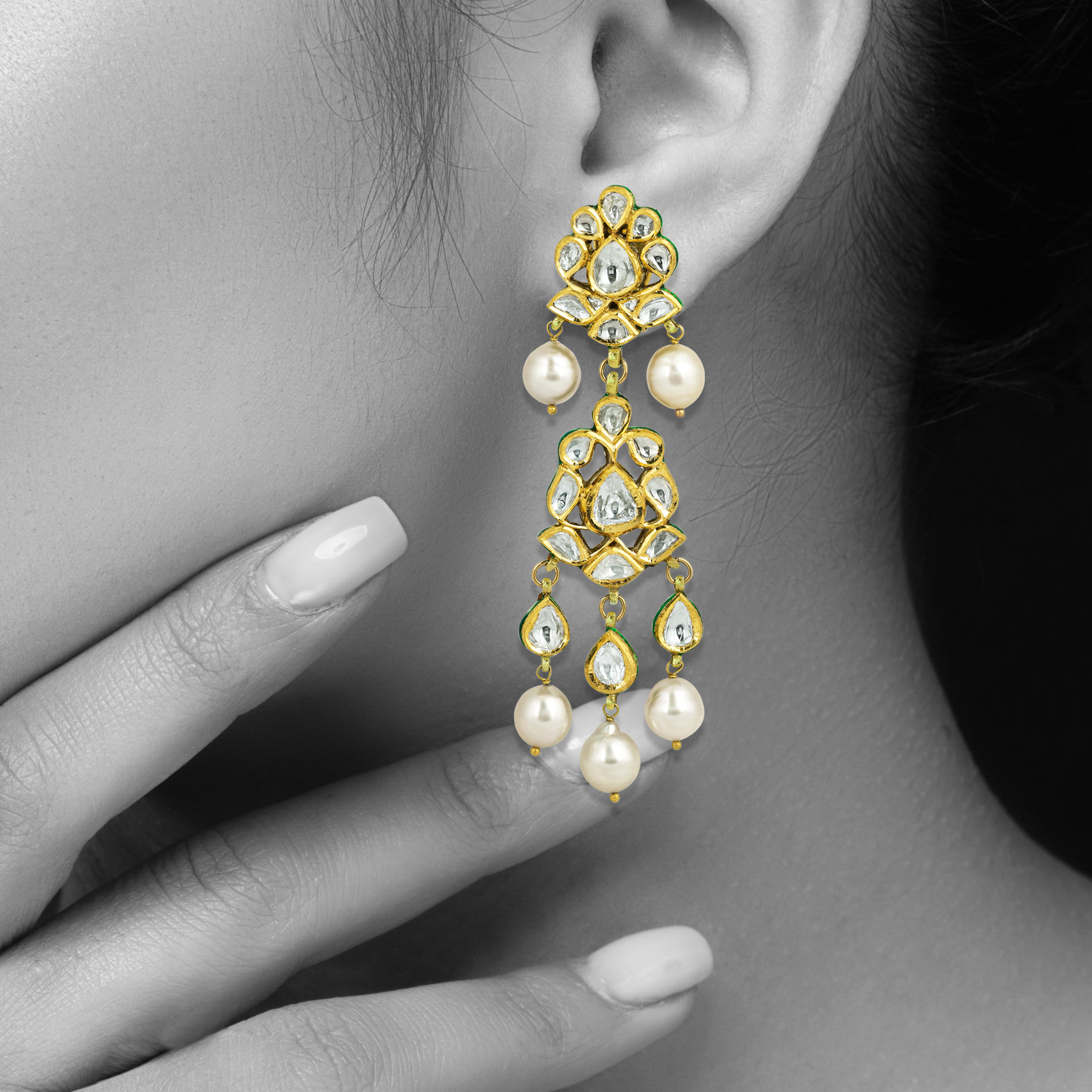 Gold Polki Earrings with Pearls and Cascading Layers