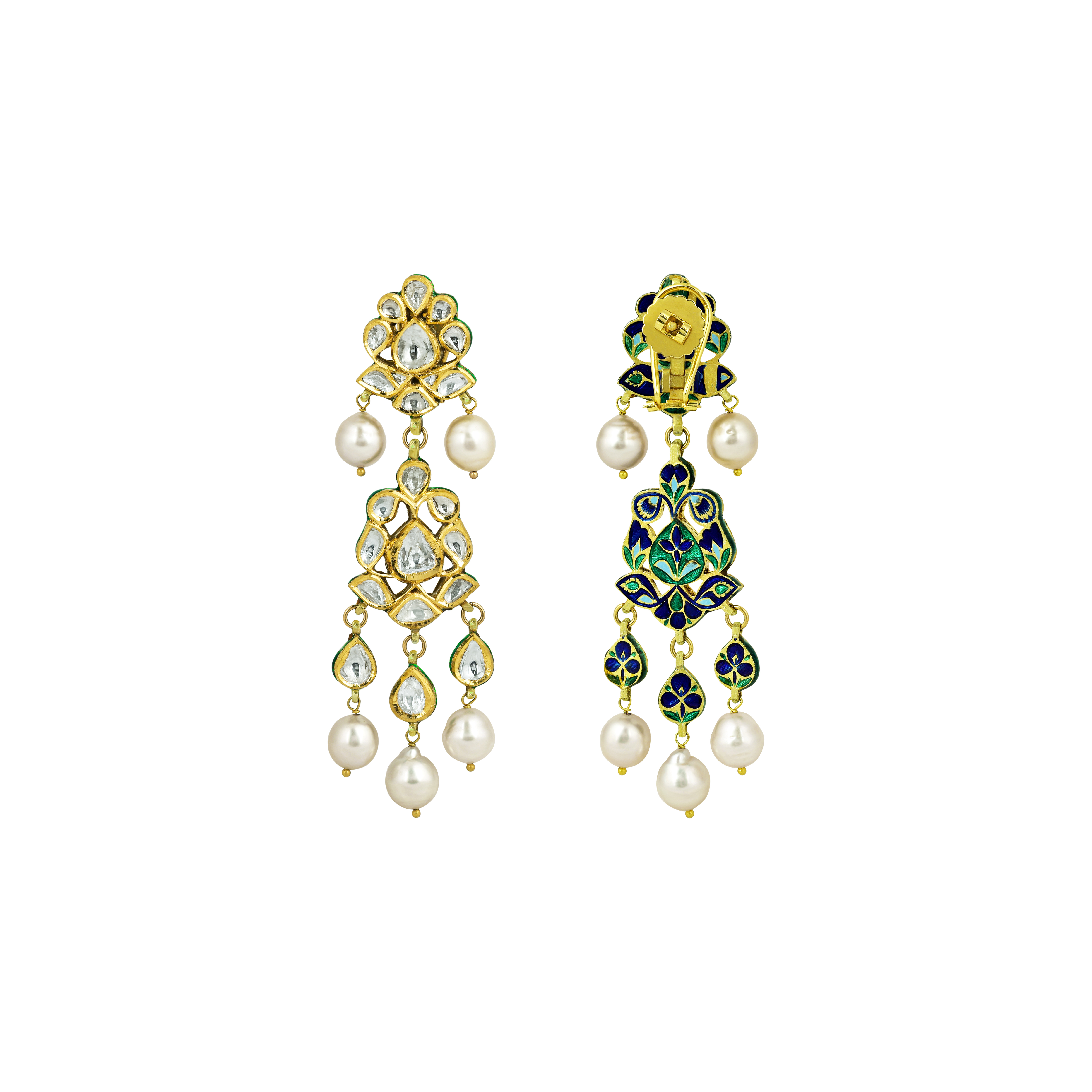 Gold Polki Earrings with Pearls and Cascading Layers