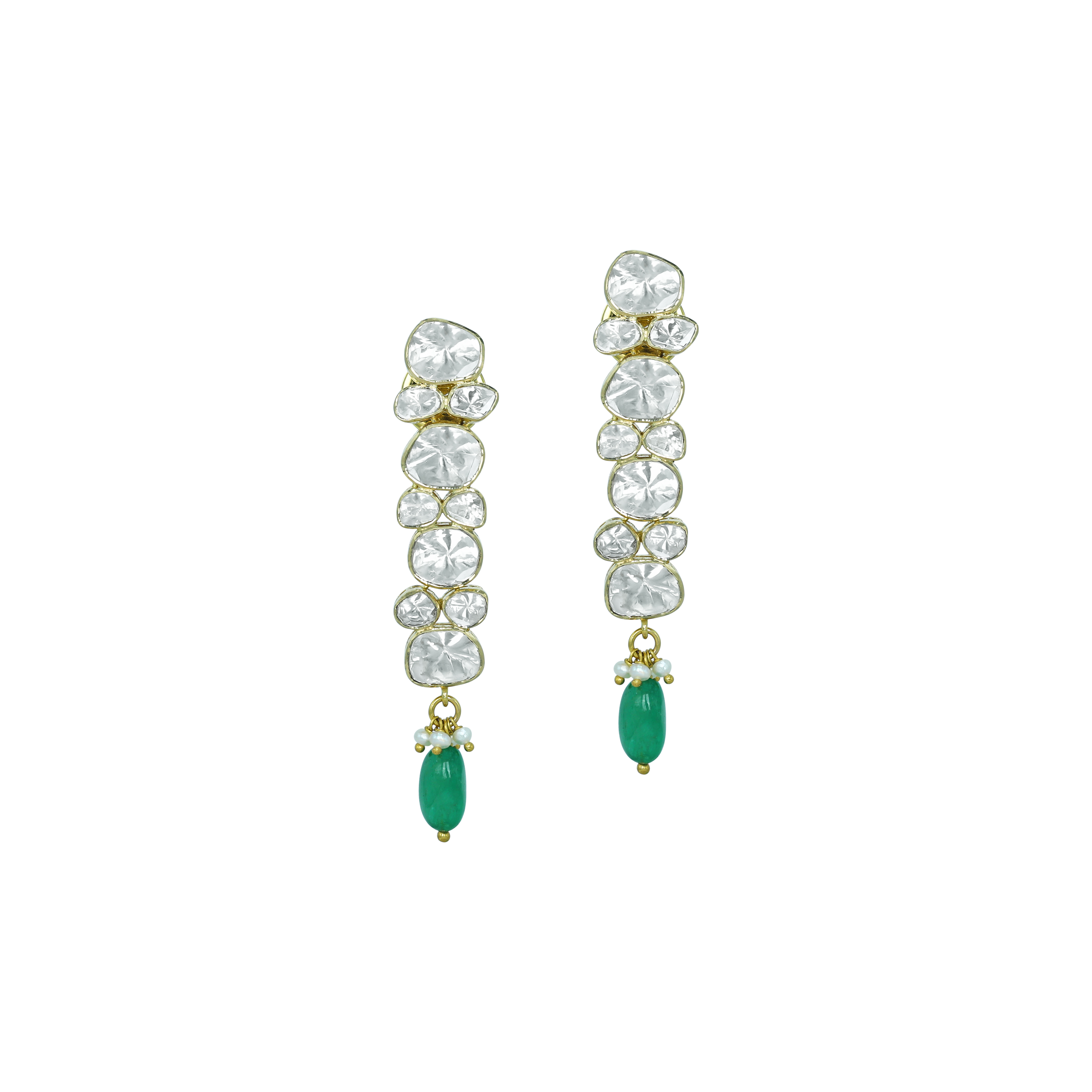 Polki Diamond Earrings with Single Emerald Drop