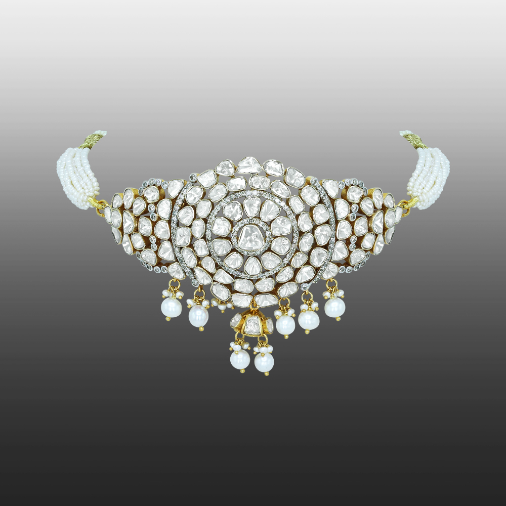 Polki Diamond Choker with Pearl Strings and Dangling Drops