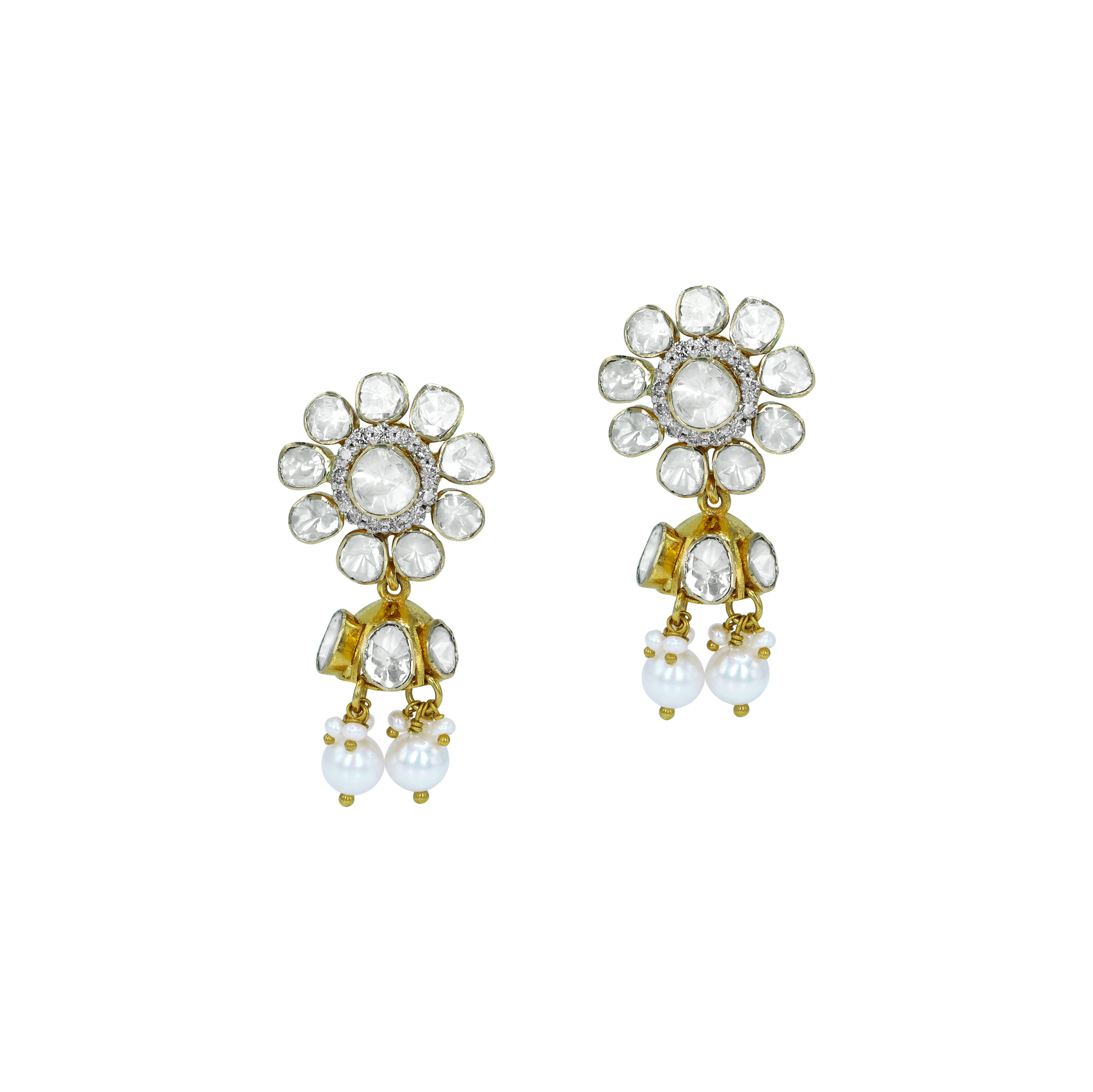 Blooming Polki Diamond Earrings with Graceful Pearl Drops