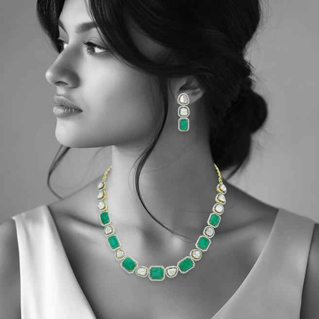 Carved Emerald and Polki Diamond Necklace with Alternating Pattern