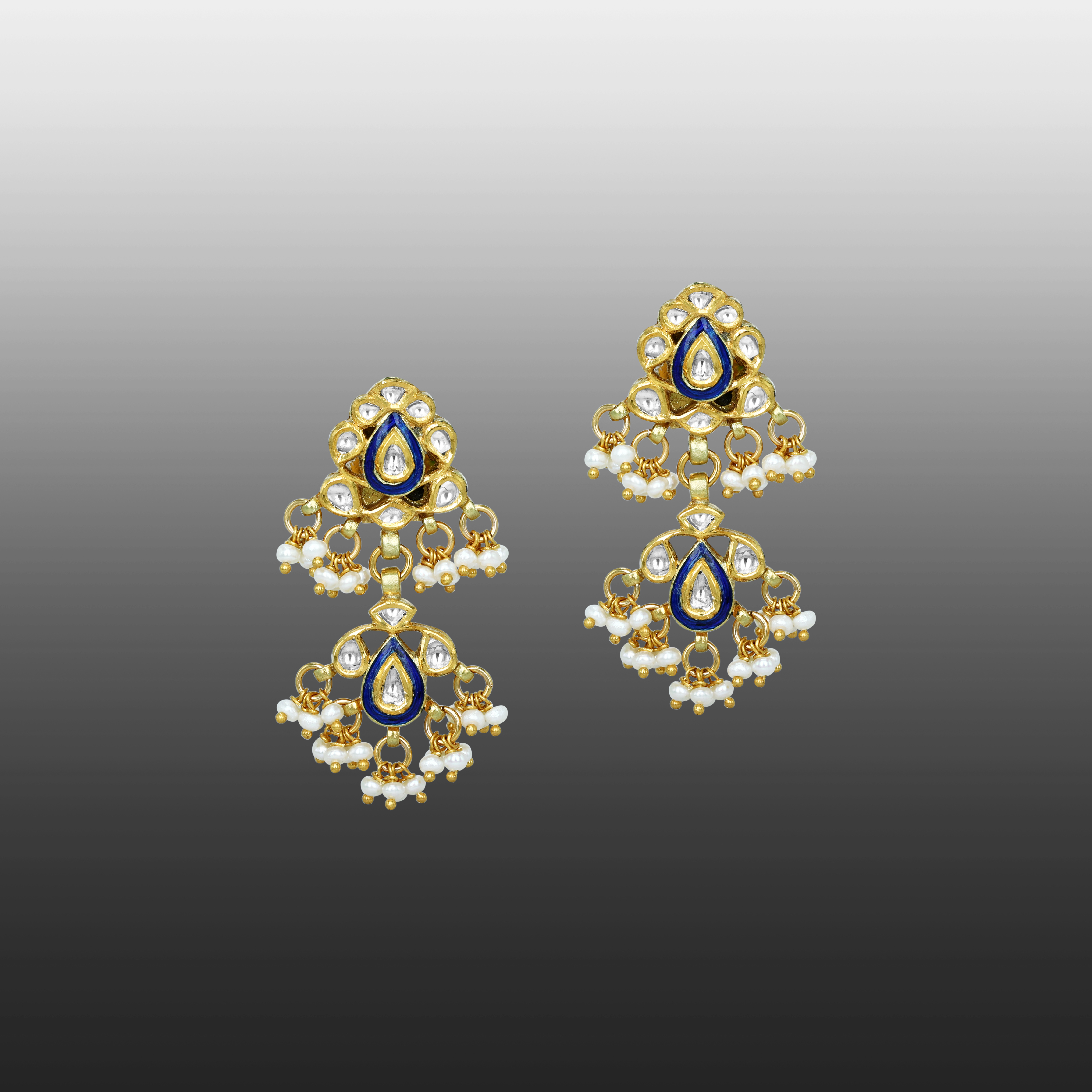 Double-Tier Blue Enamel Earrings with Polki and Pearl Drops