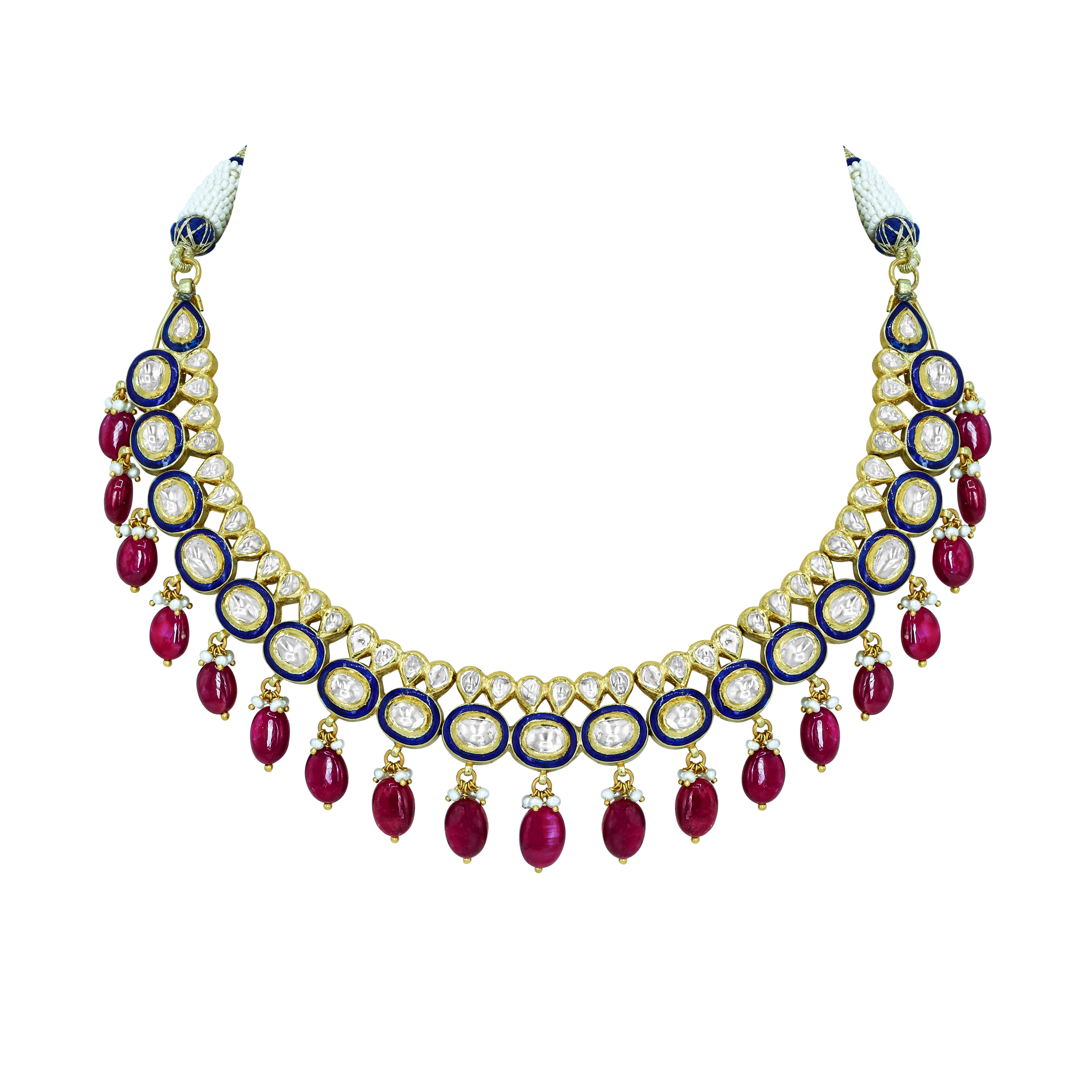 Blue Enamel Necklace with Polki Diamonds, Pearls, and Ruby Drops
