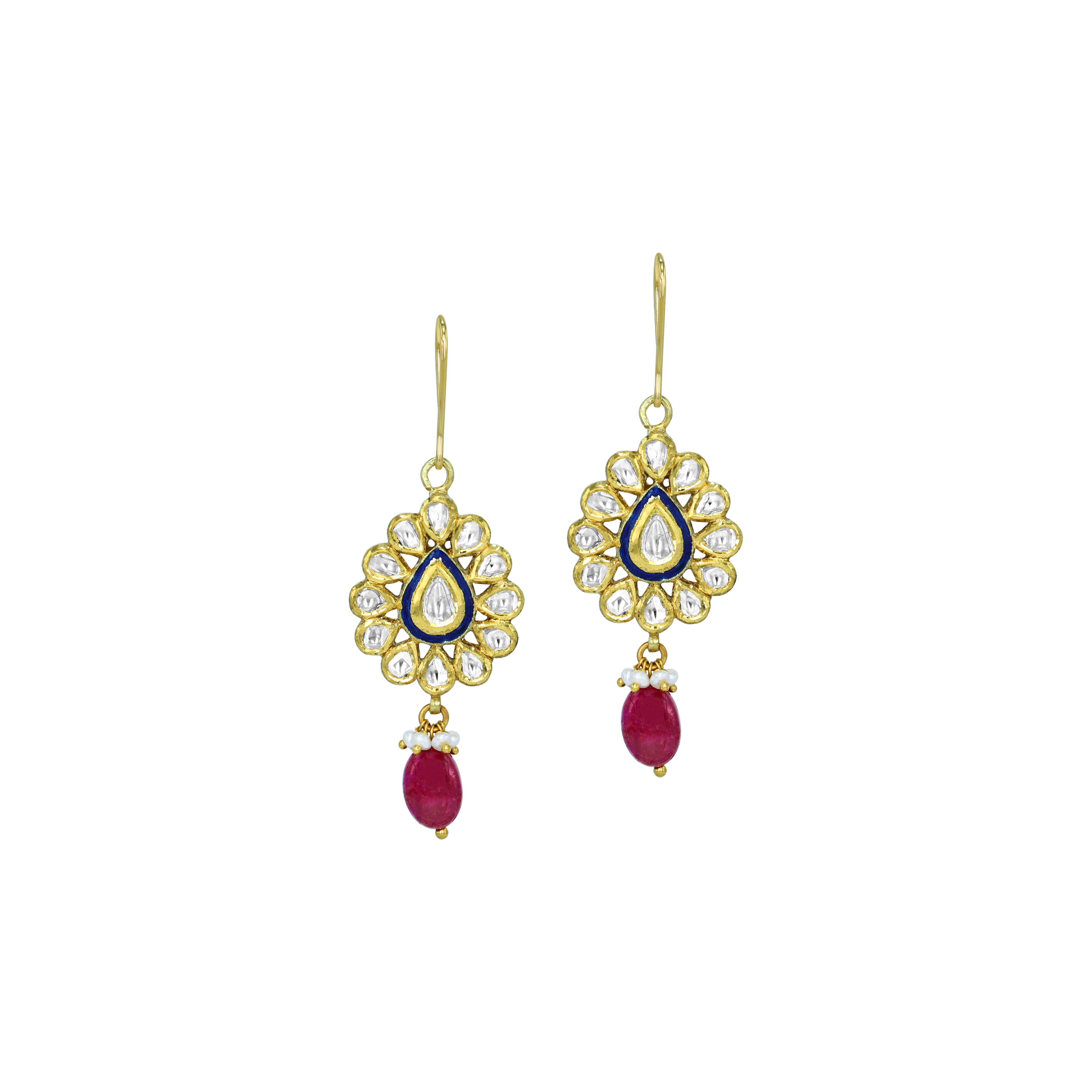 Floral Polki Earrings with Blue Enamel and Ruby Bead Drops