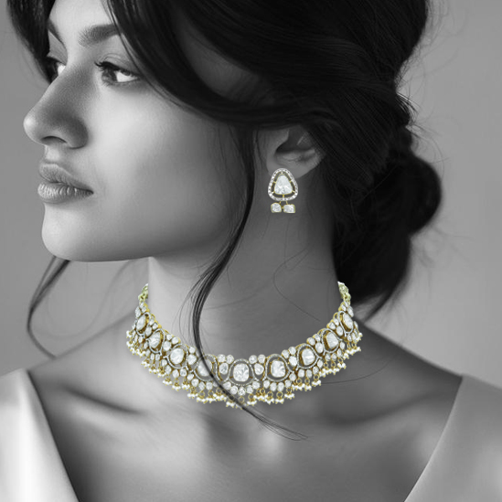 Polki Diamond Necklace with Pearls and Beads