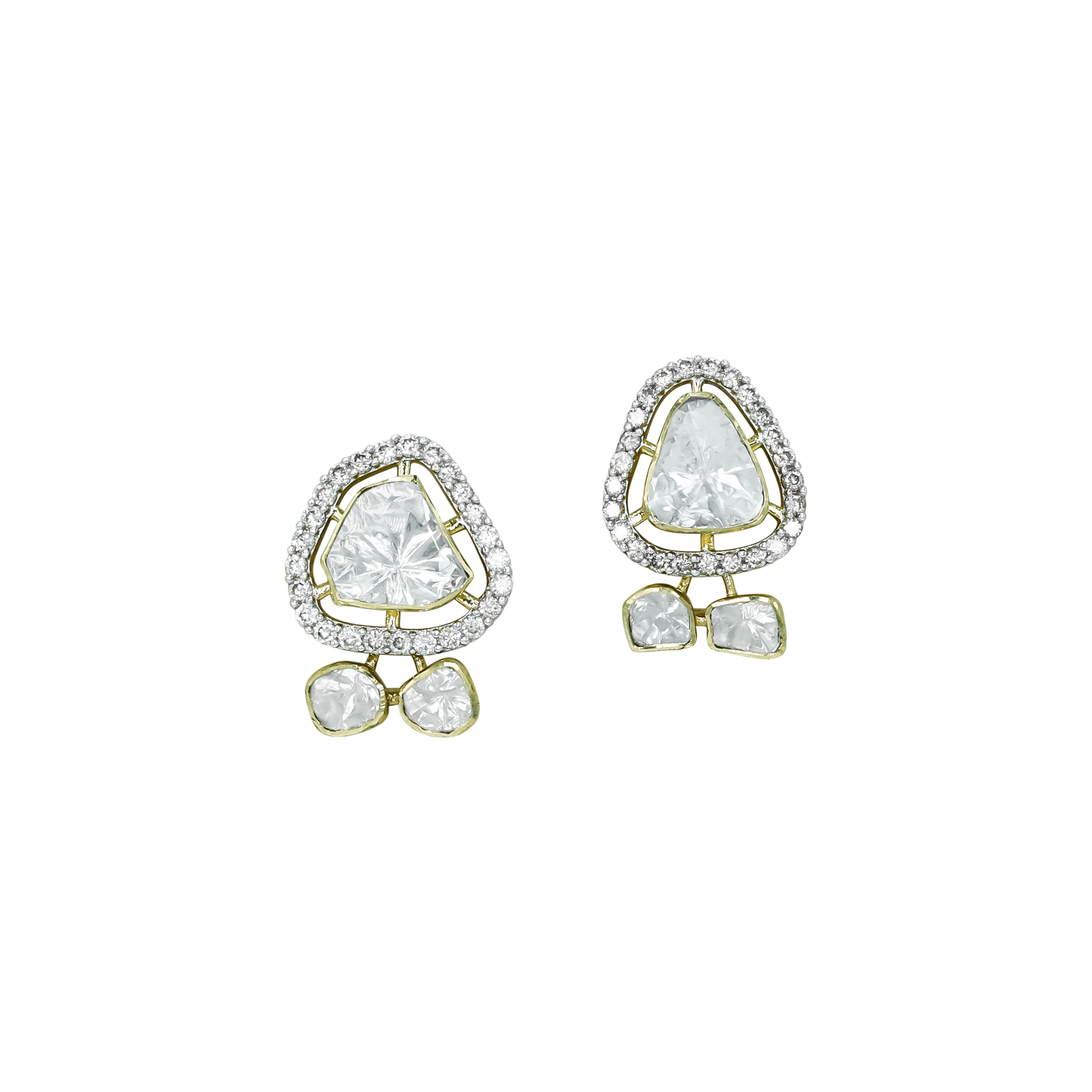 Triangular Polki Earrings with Diamond Halos