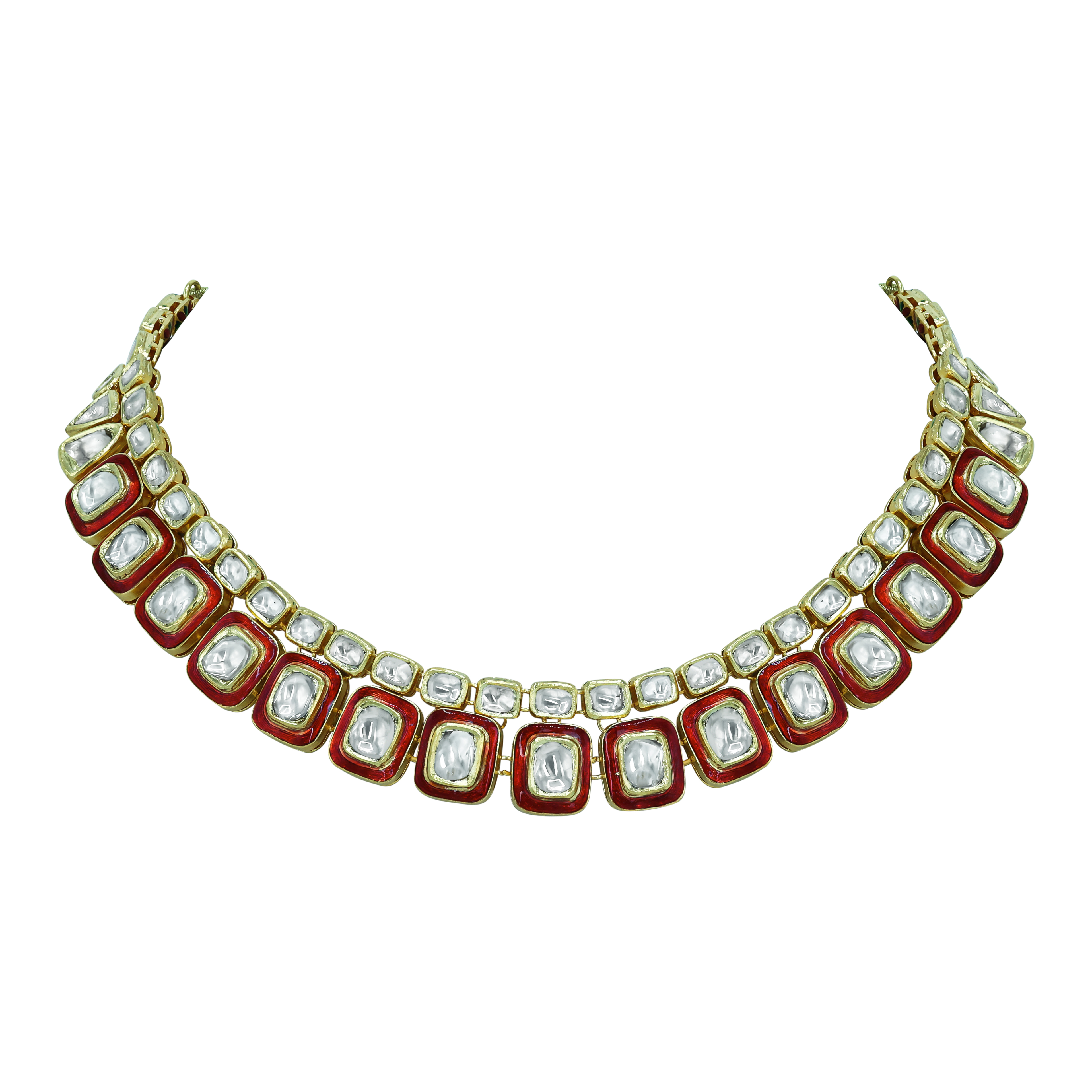 Square and Rectangular Polki Necklace with Red Enamel