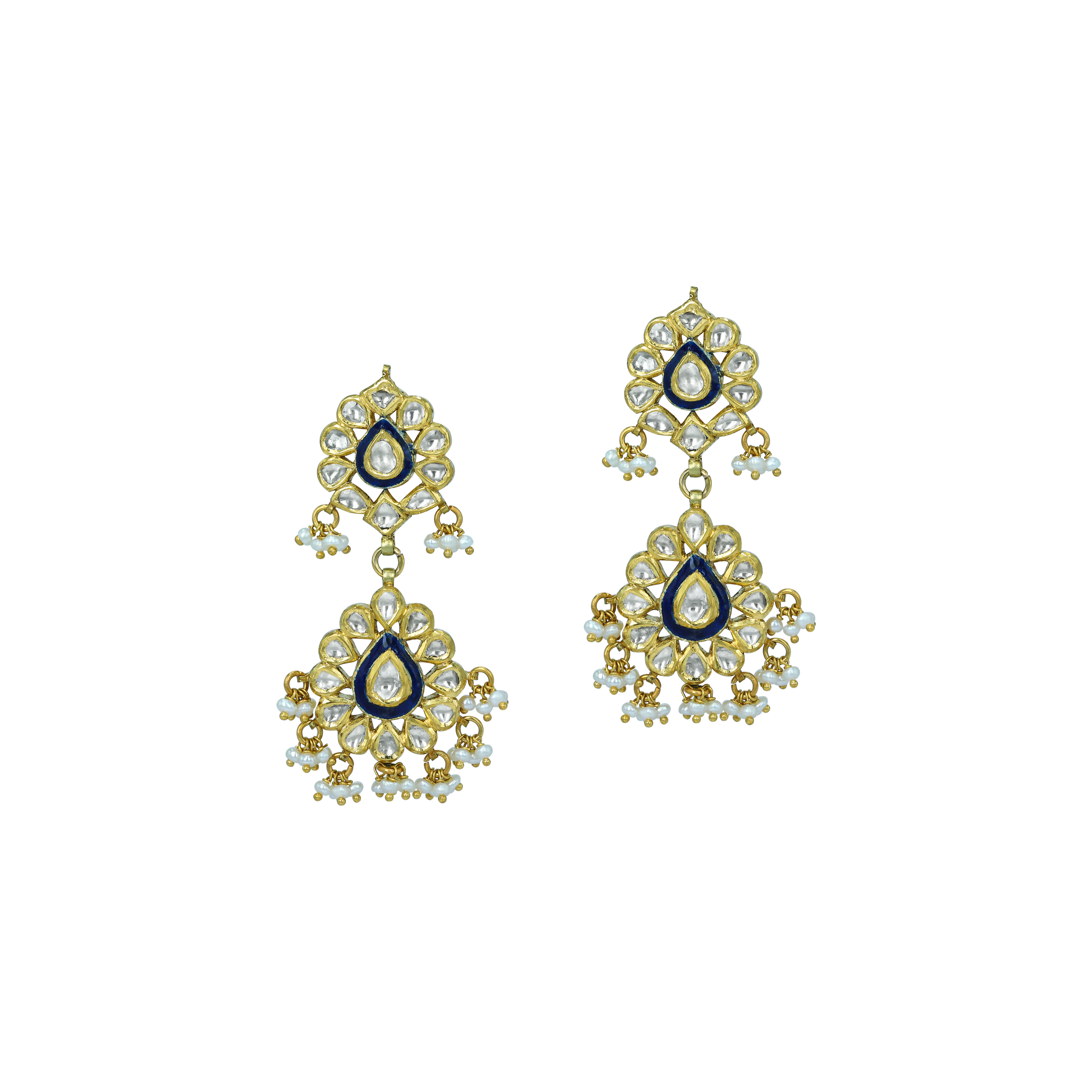 Double-Tier Floral Polki Earrings with Blue Enamel and Drops