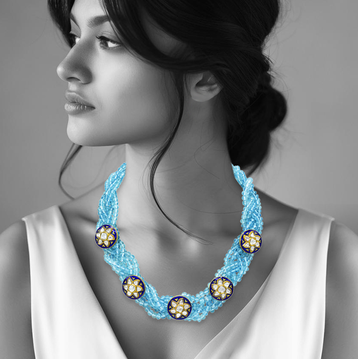 Blue Bead Necklace with Star Meena Buttons and Polki