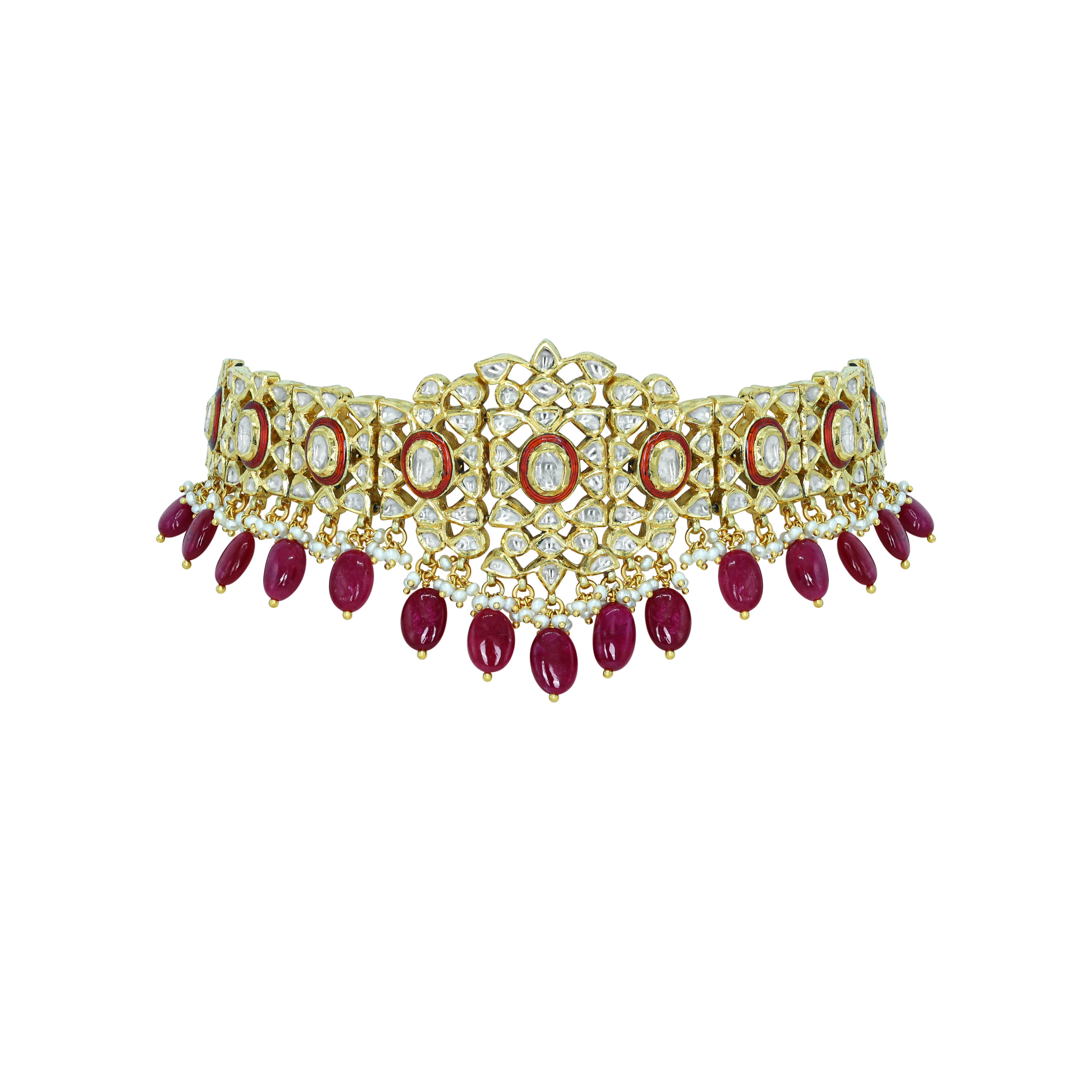 Polki Diamond Choker with Ruby Tumbles and Red Enamel