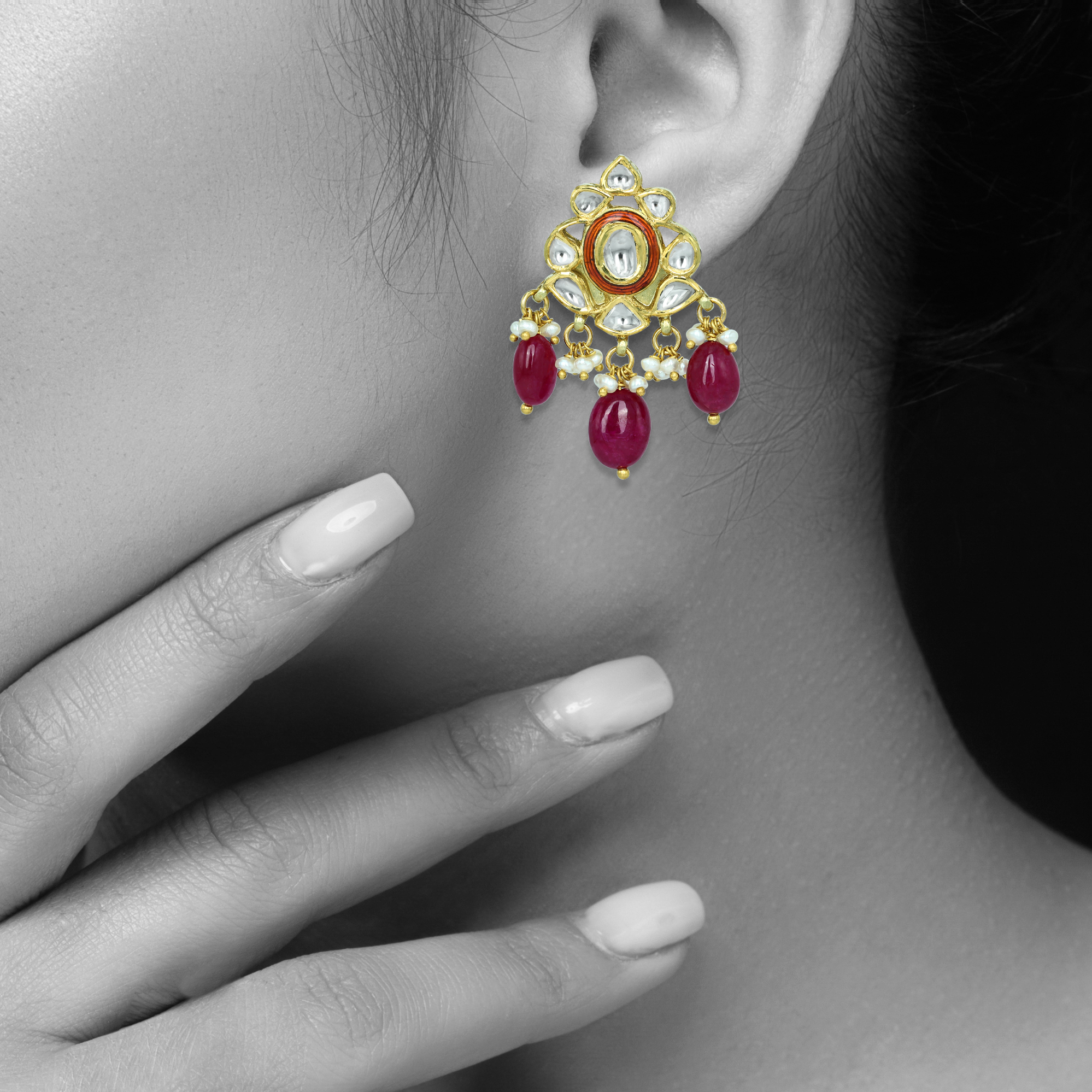 Polki Earrings with Red Enamel, Ruby Drops, and Pearls