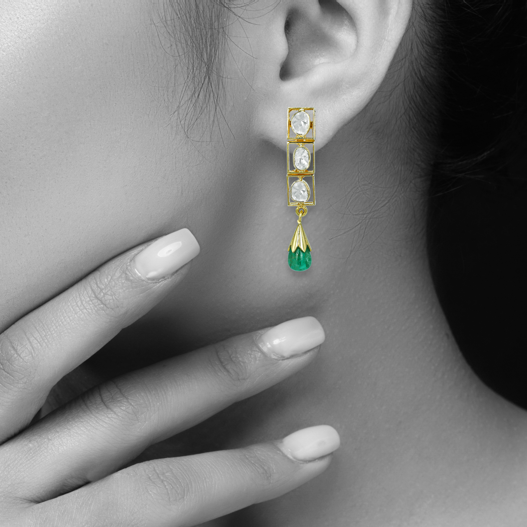 Linear Polki Diamond Earrings with Gold Frame and Emerald Drops