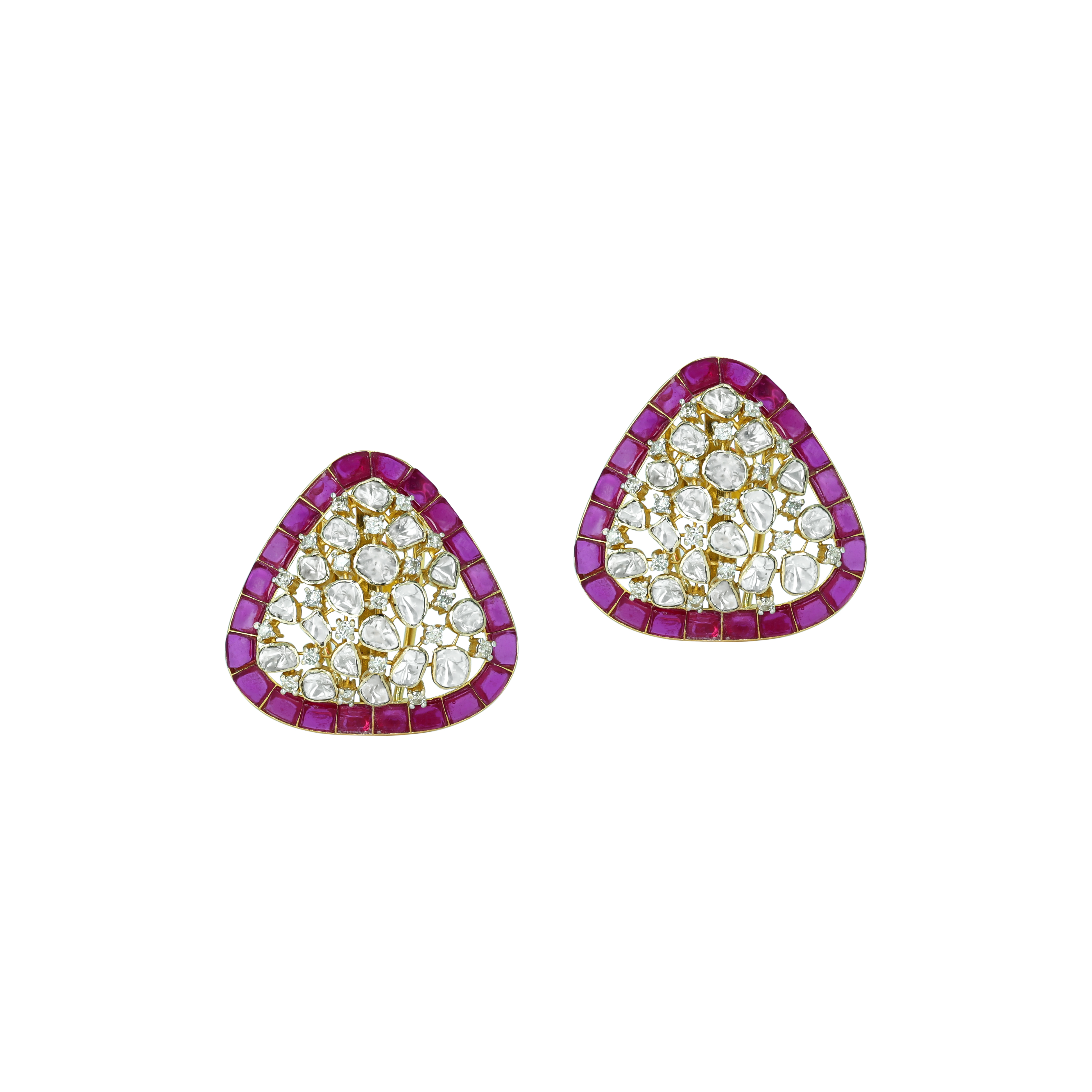 Triangular Polki Earrings with Magenta Borders