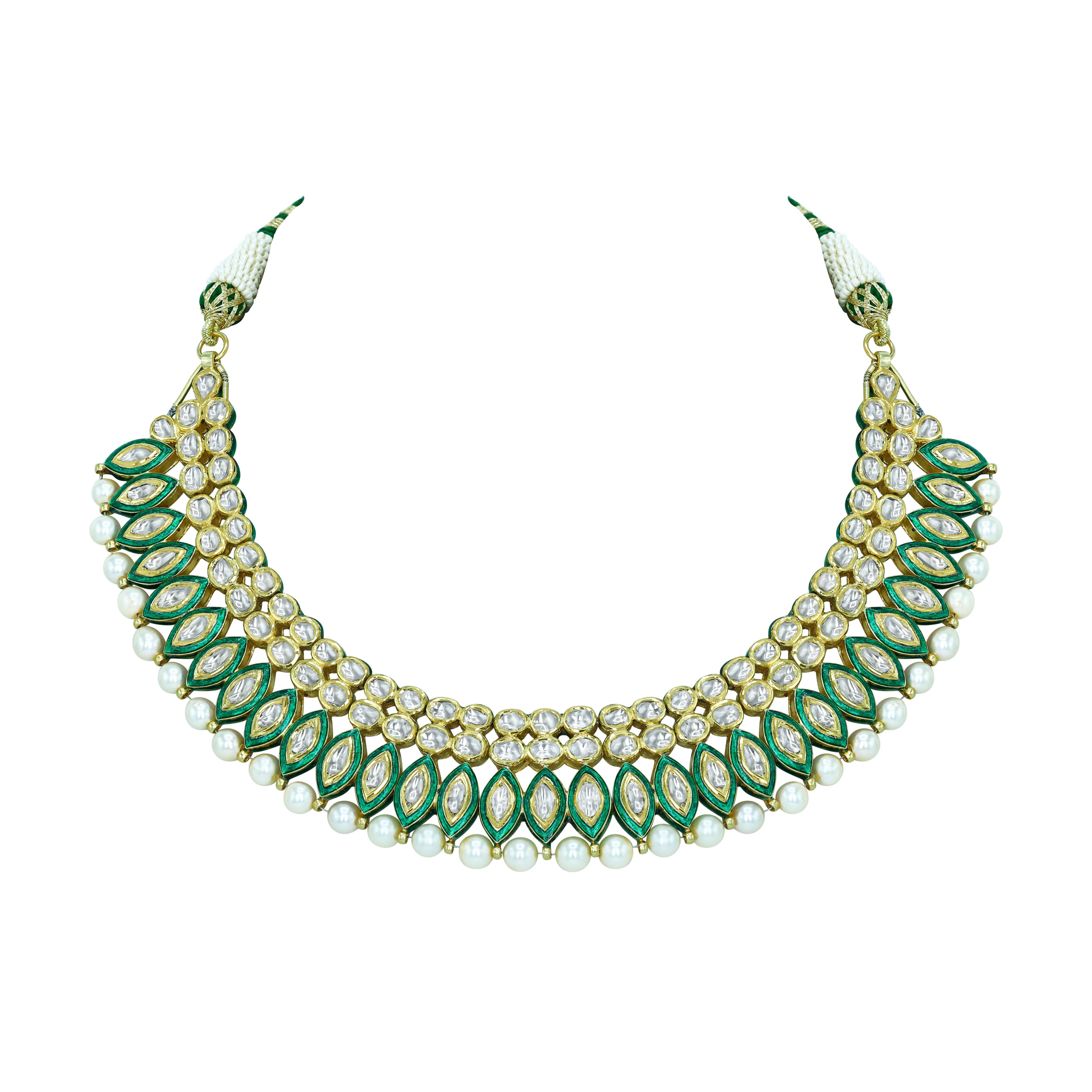Polki Diamond Necklace with Green Enamel and Pearls