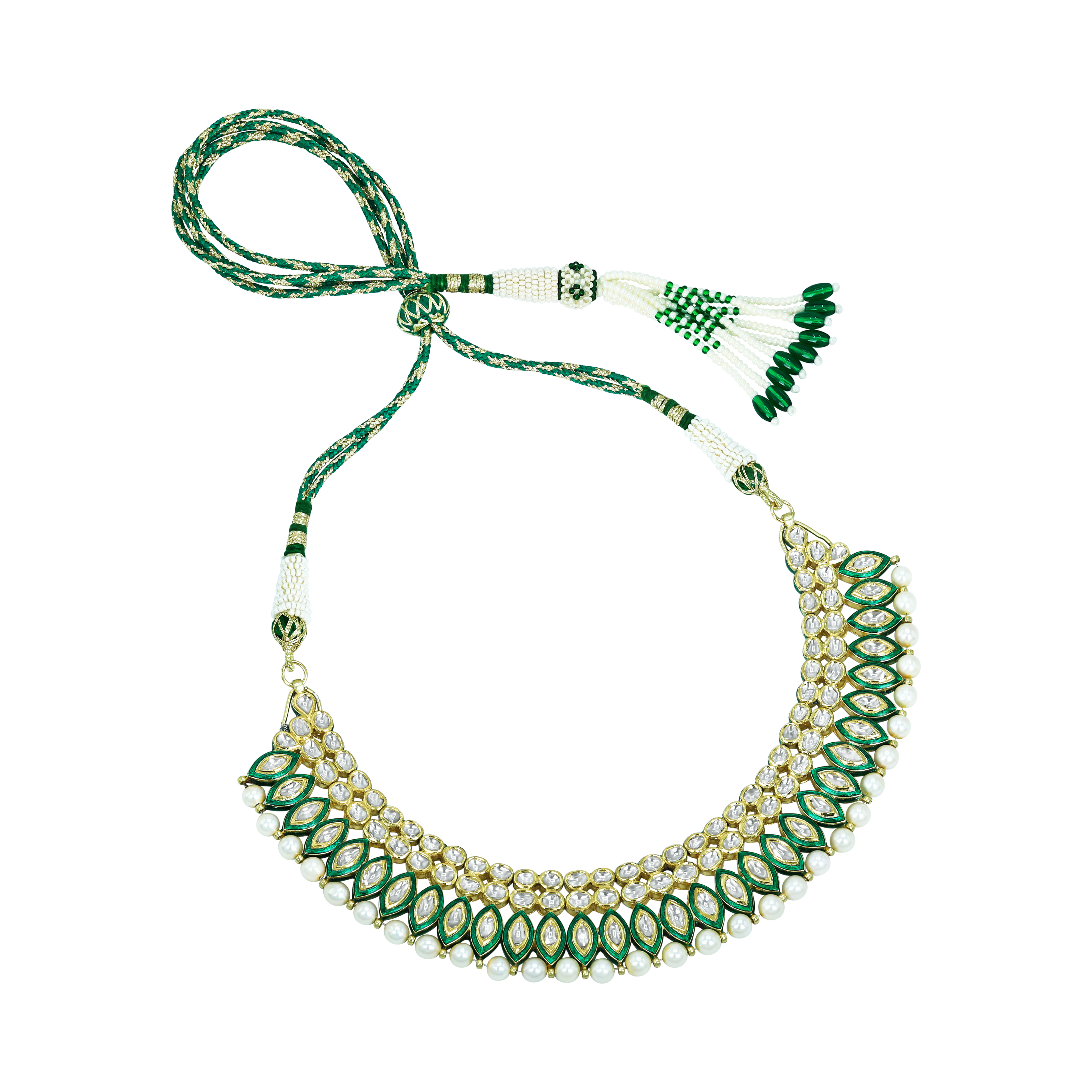 Polki Diamond Necklace with Green Enamel and Pearls
