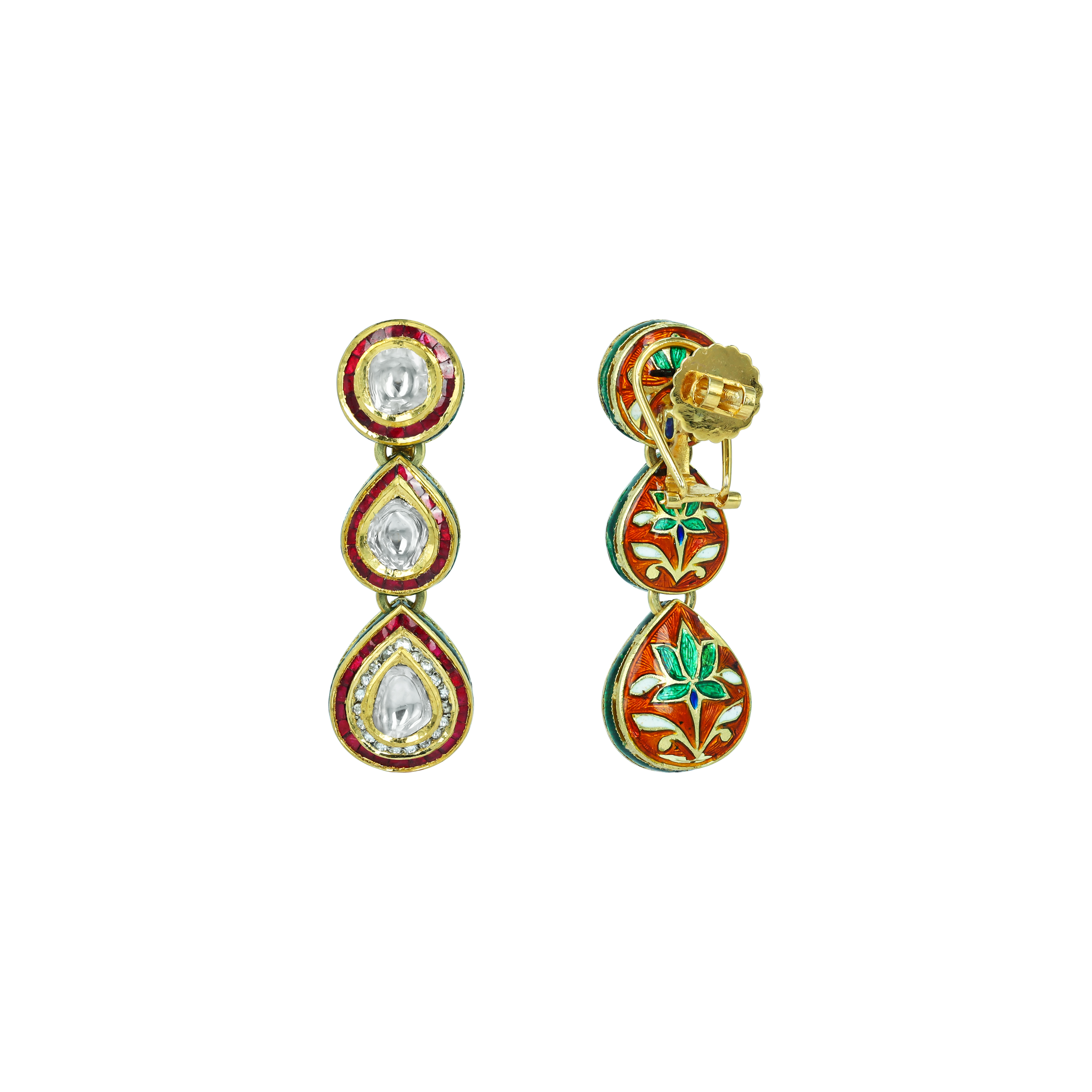 Triple-Tier Polki Earrings with Red Talaf