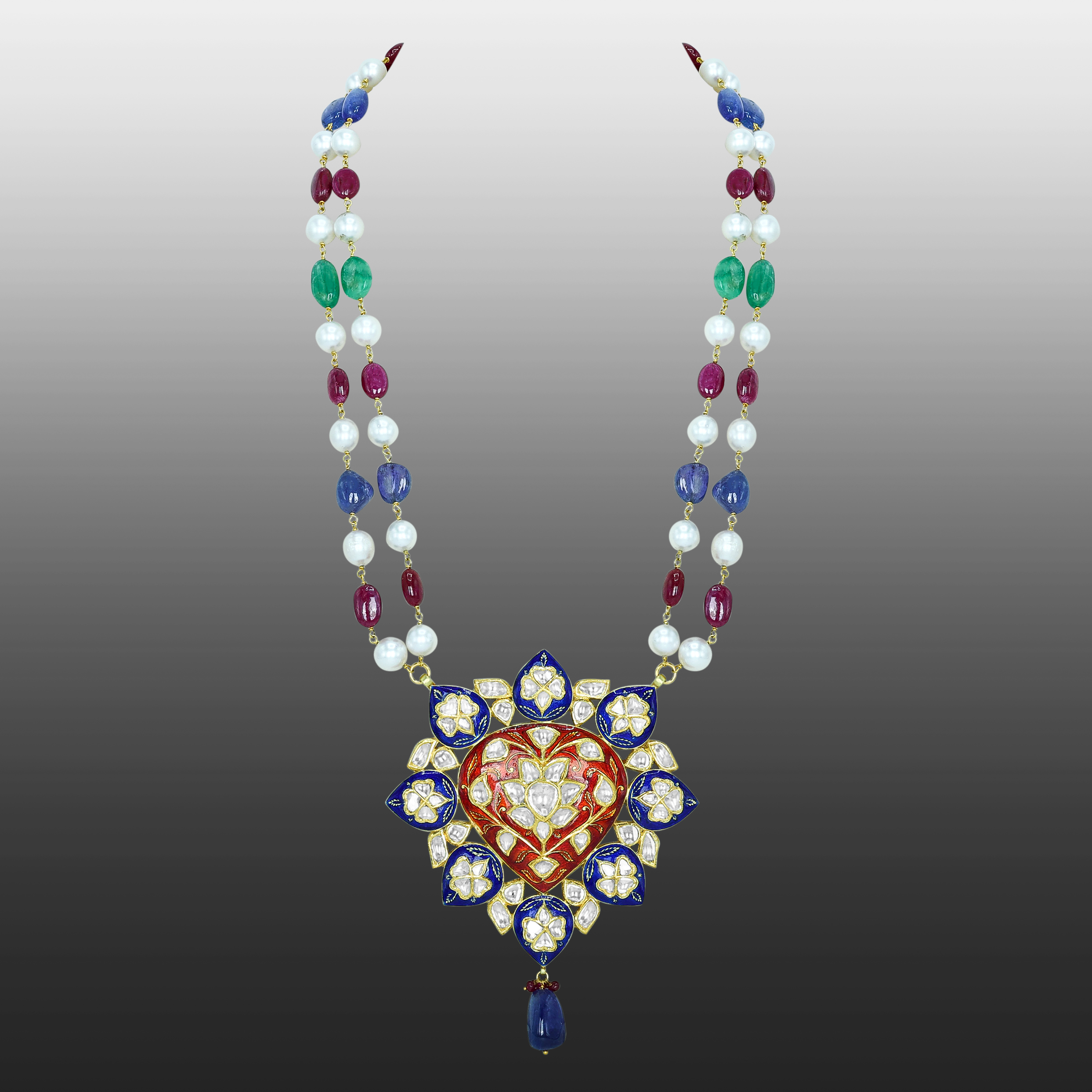 Floral Polki Necklace with Blue Red Enamel, Pearls, and Multi Gemstone Beads