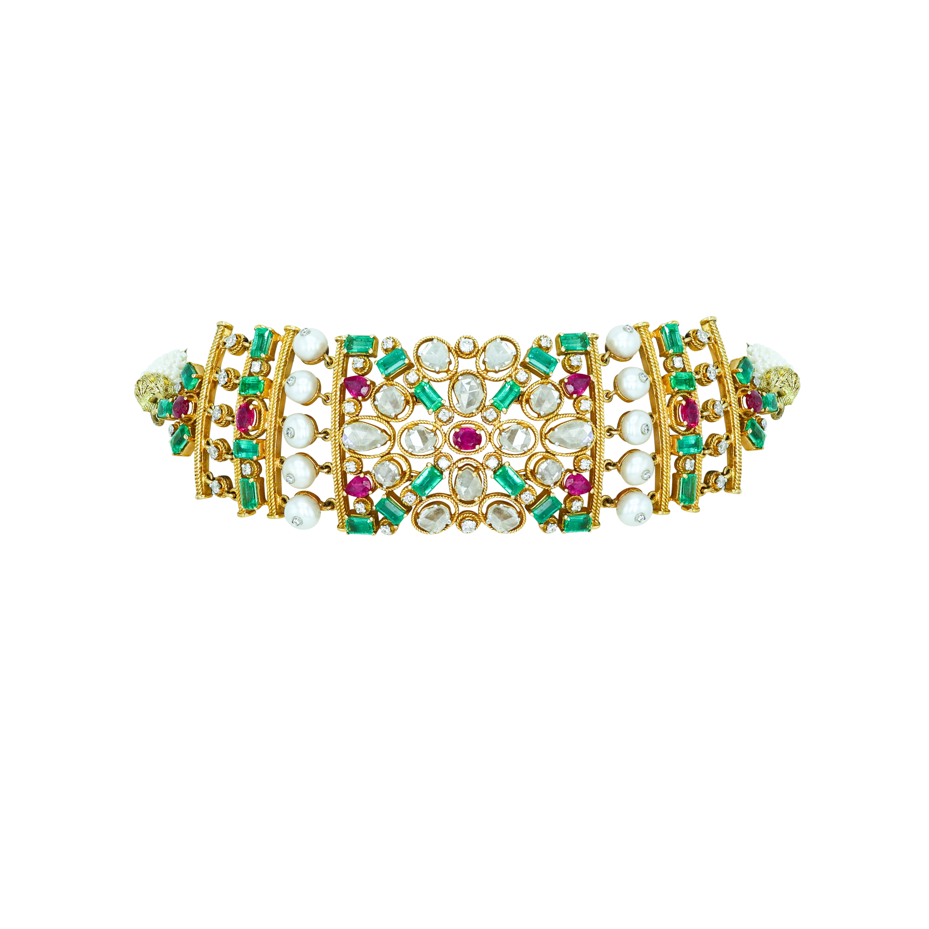 Polki Choker with Emerald Colour stone, Rubies, and Pearls