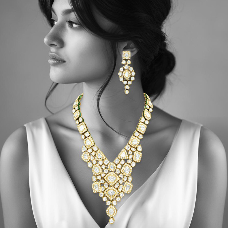 V-Shaped Polki Set with Cascading Uncut Diamonds