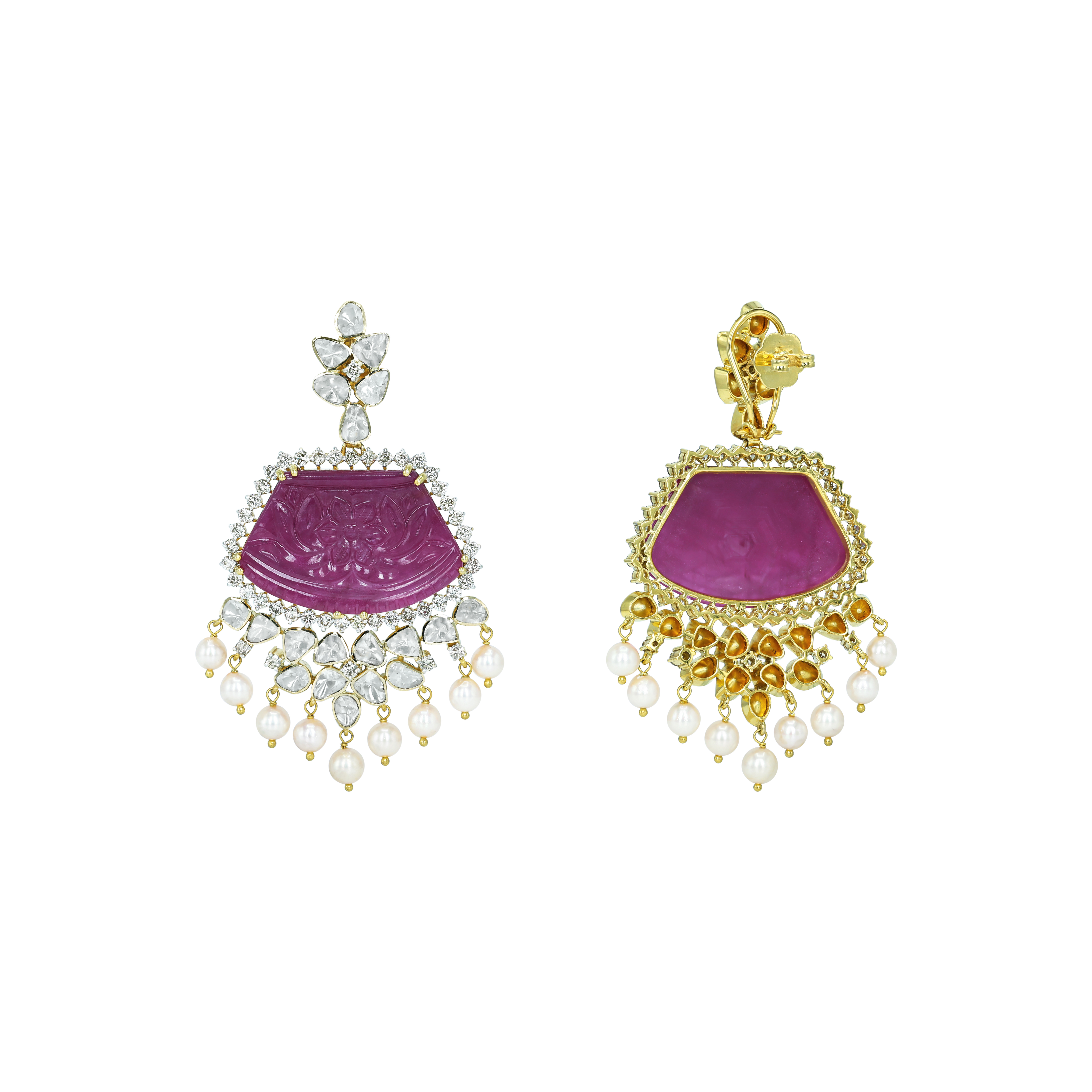 Carved Ruby Earrings with Polki Diamonds and Pearl Drops