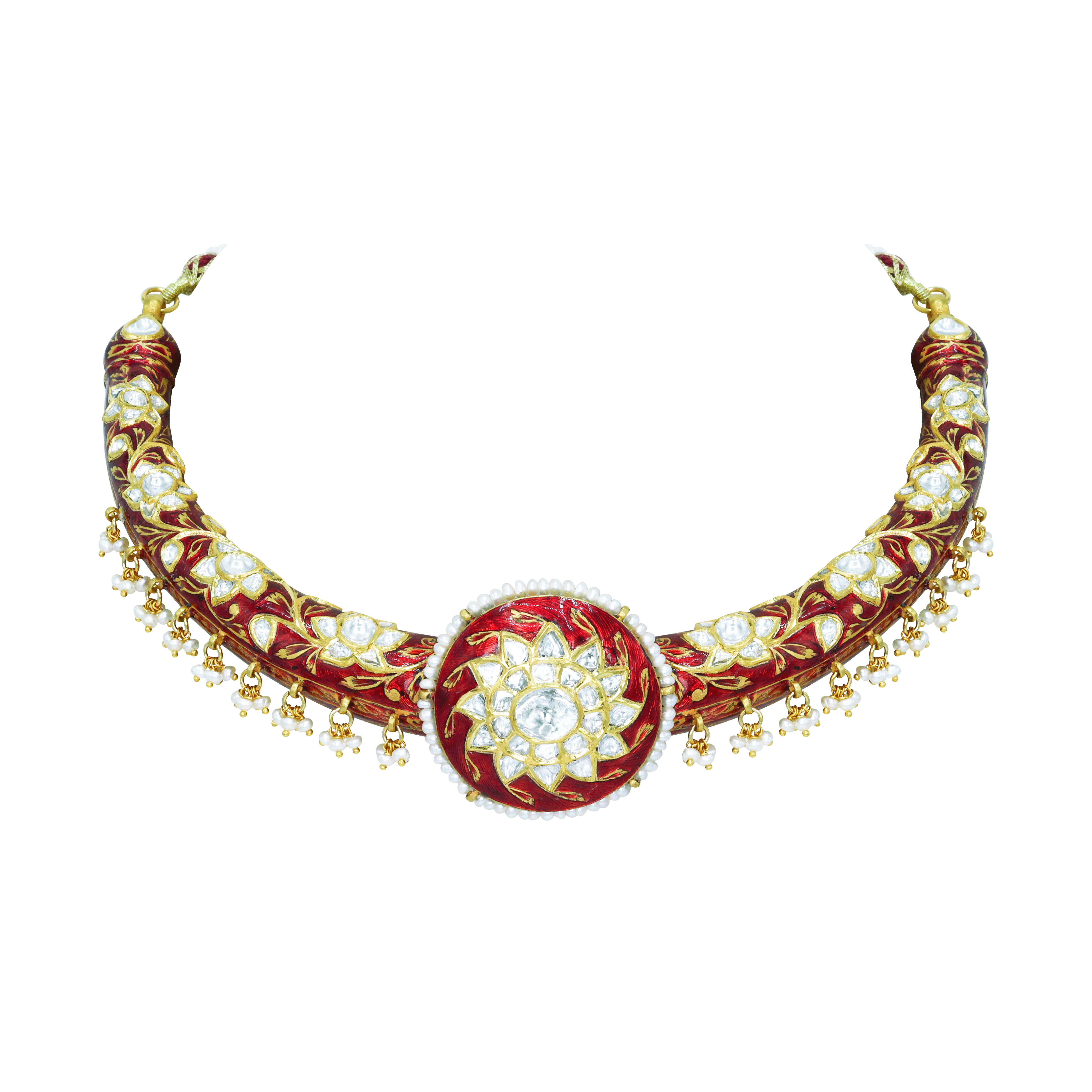 Regal Polki Hasli Necklace with Red Enamel and Pearl Beads