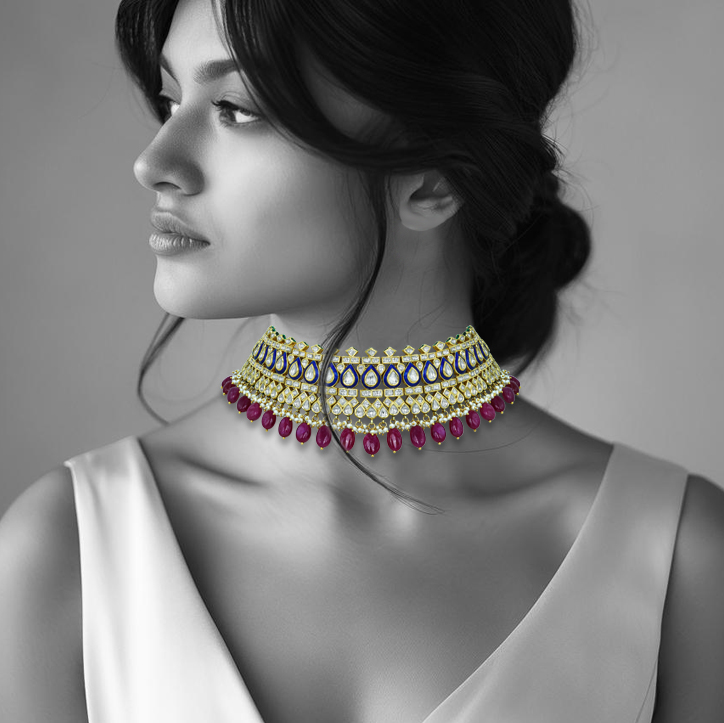 Regal Polki Choker with Blue Enamel and Ruby Tumbles