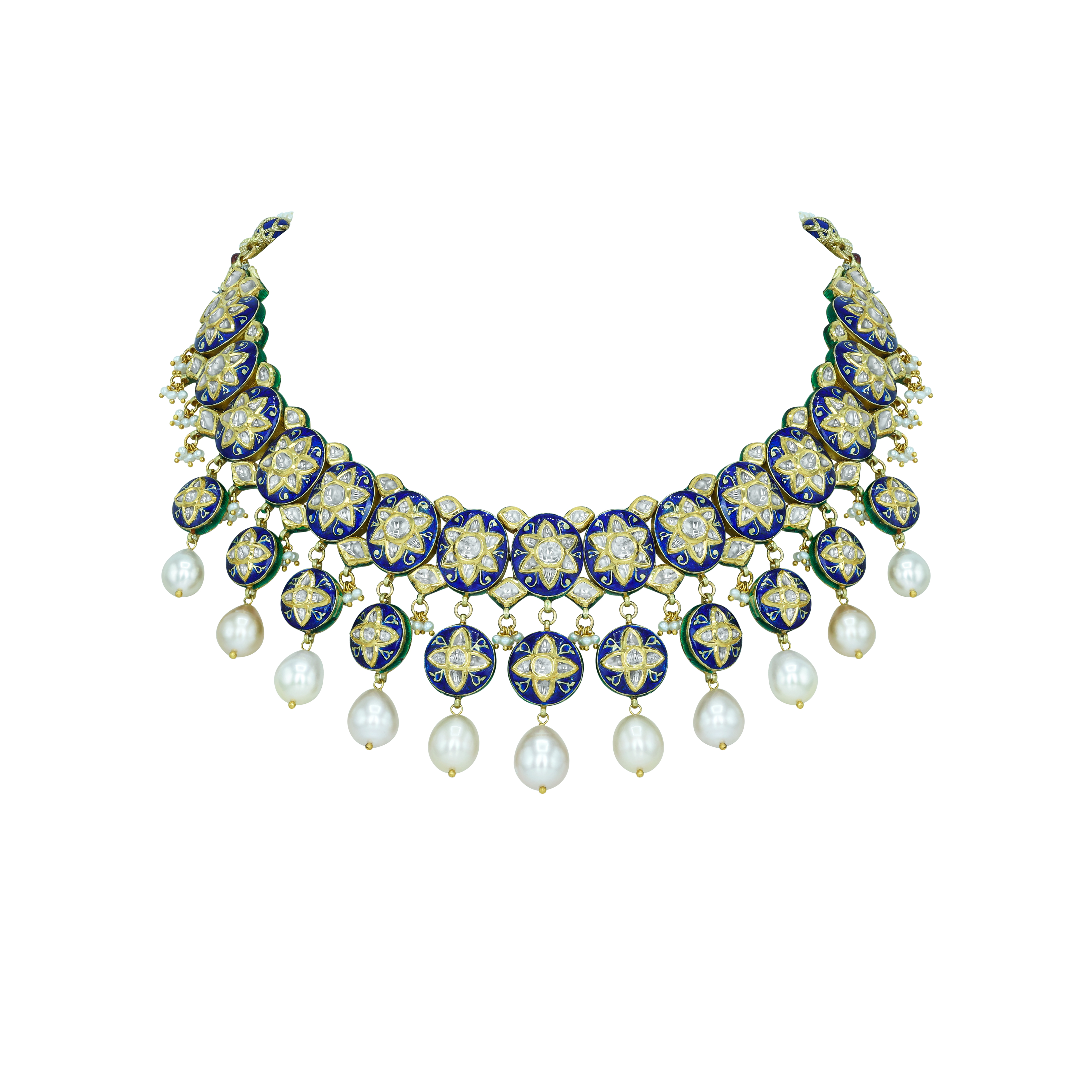 Pearl-Draped Polki Necklace with Blue Enamel Floral Motifs