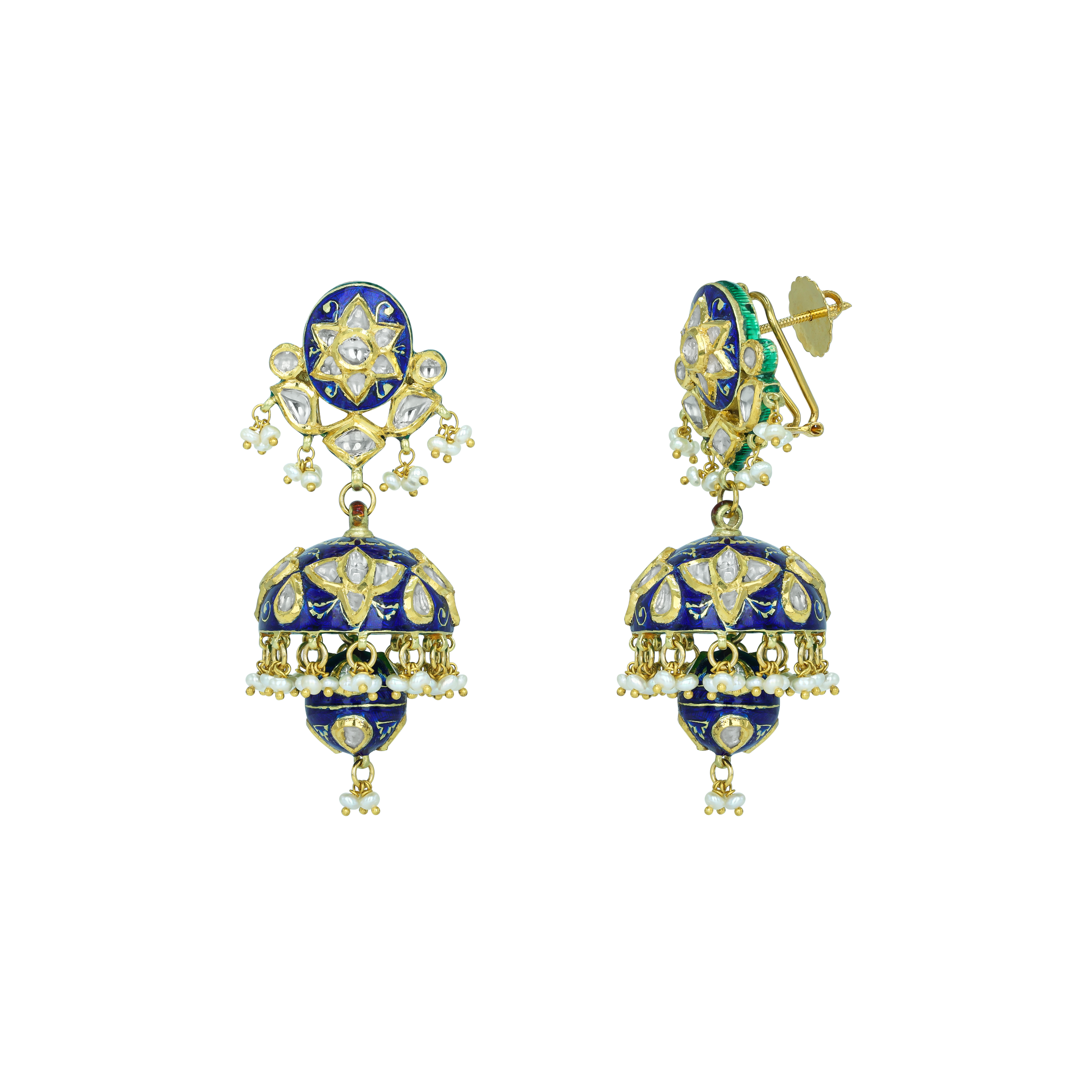 Polki Jhumki Earrings with Blue Enamel and Pearl Drops
