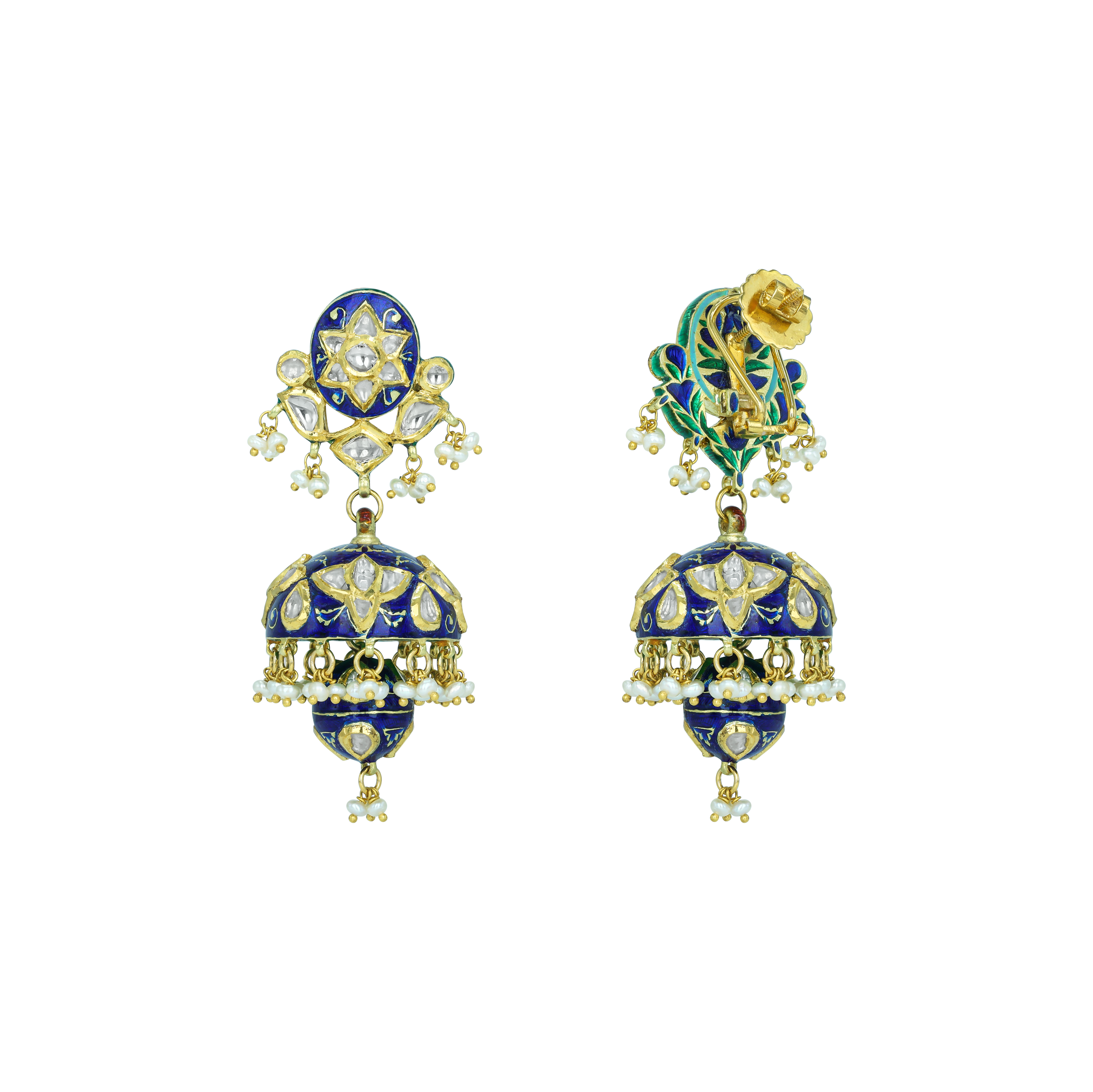 Polki Jhumki Earrings with Blue Enamel and Pearl Drops