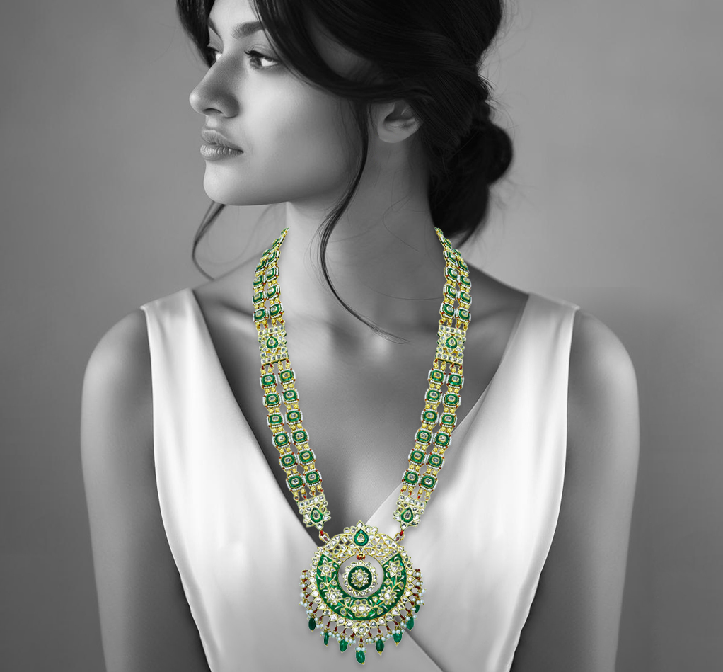 Green Enamel Polki Pendant with Emerald and Pearls