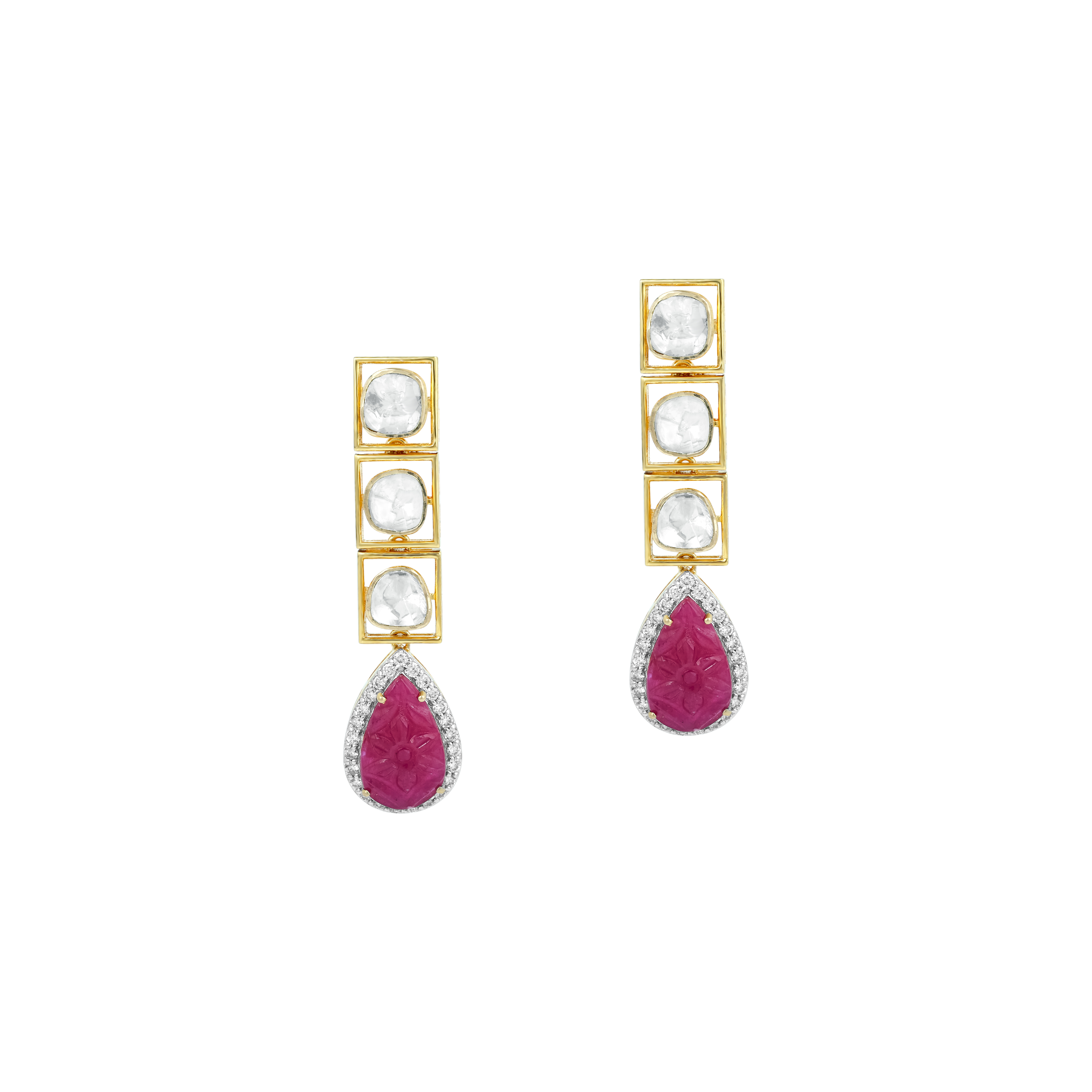Teardrop Ruby Polki Earrings with Diamond Halo