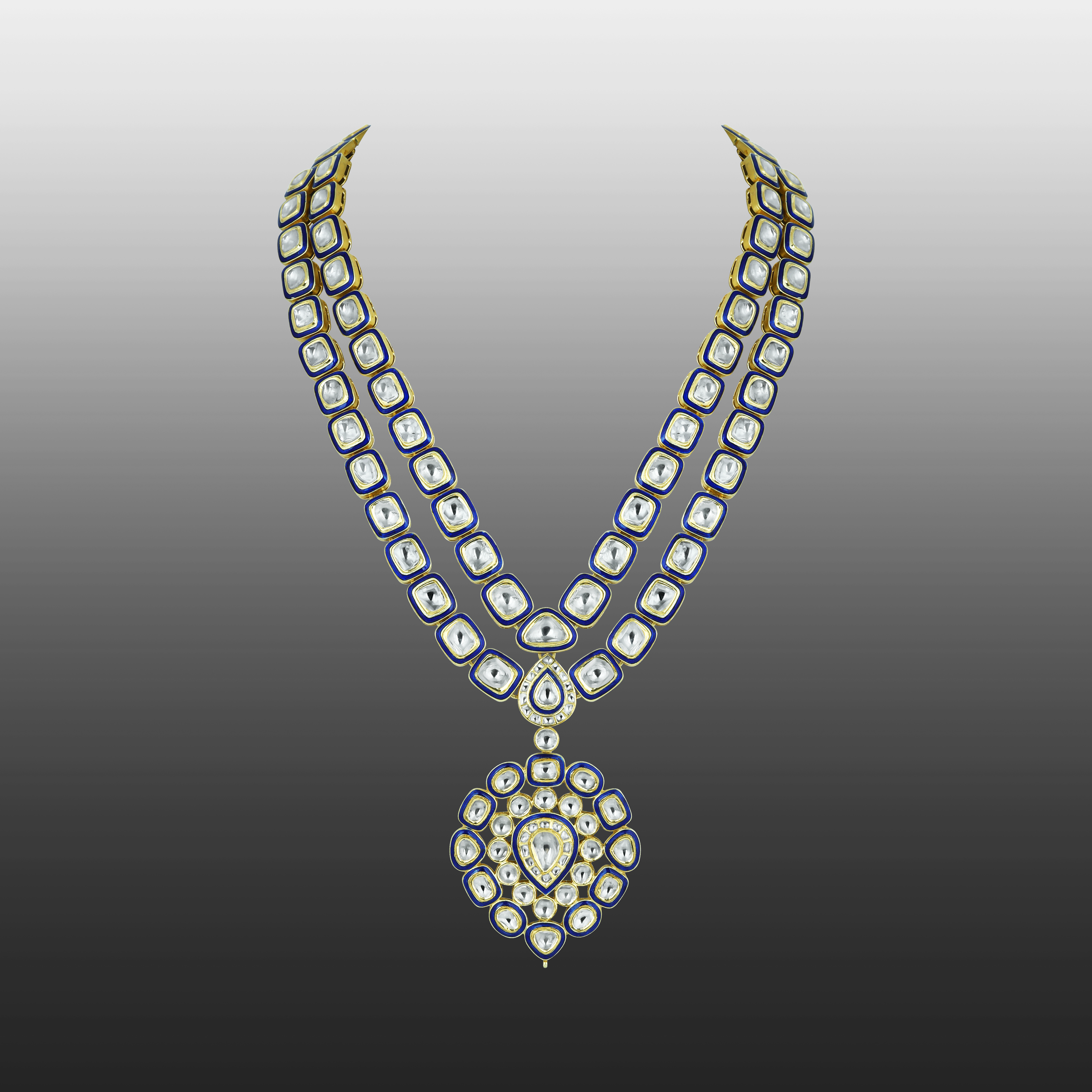 Dual-Layer Polki Necklace with Blue Enamel