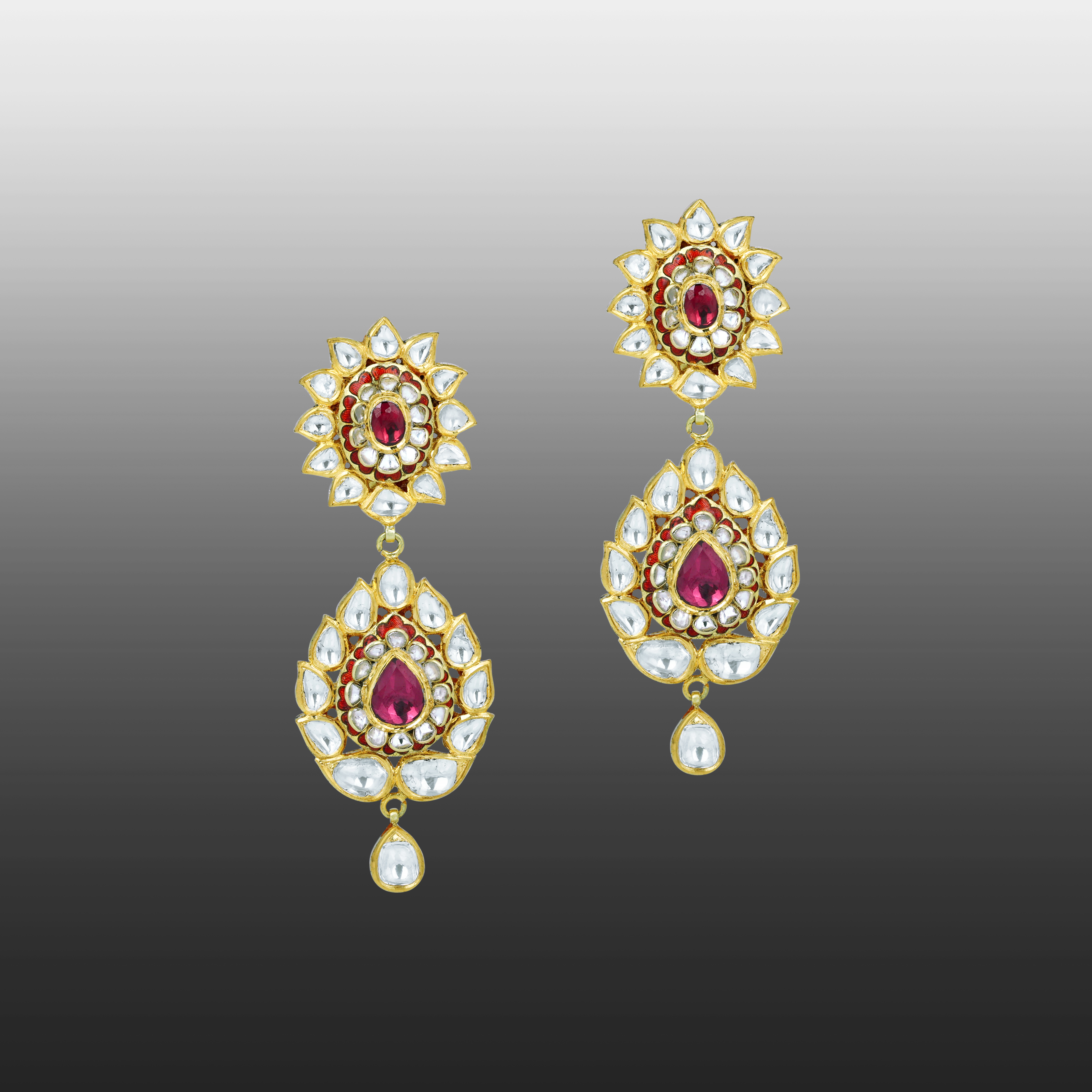 Floral Polki Earrings with Rhodolite and Red Enamel