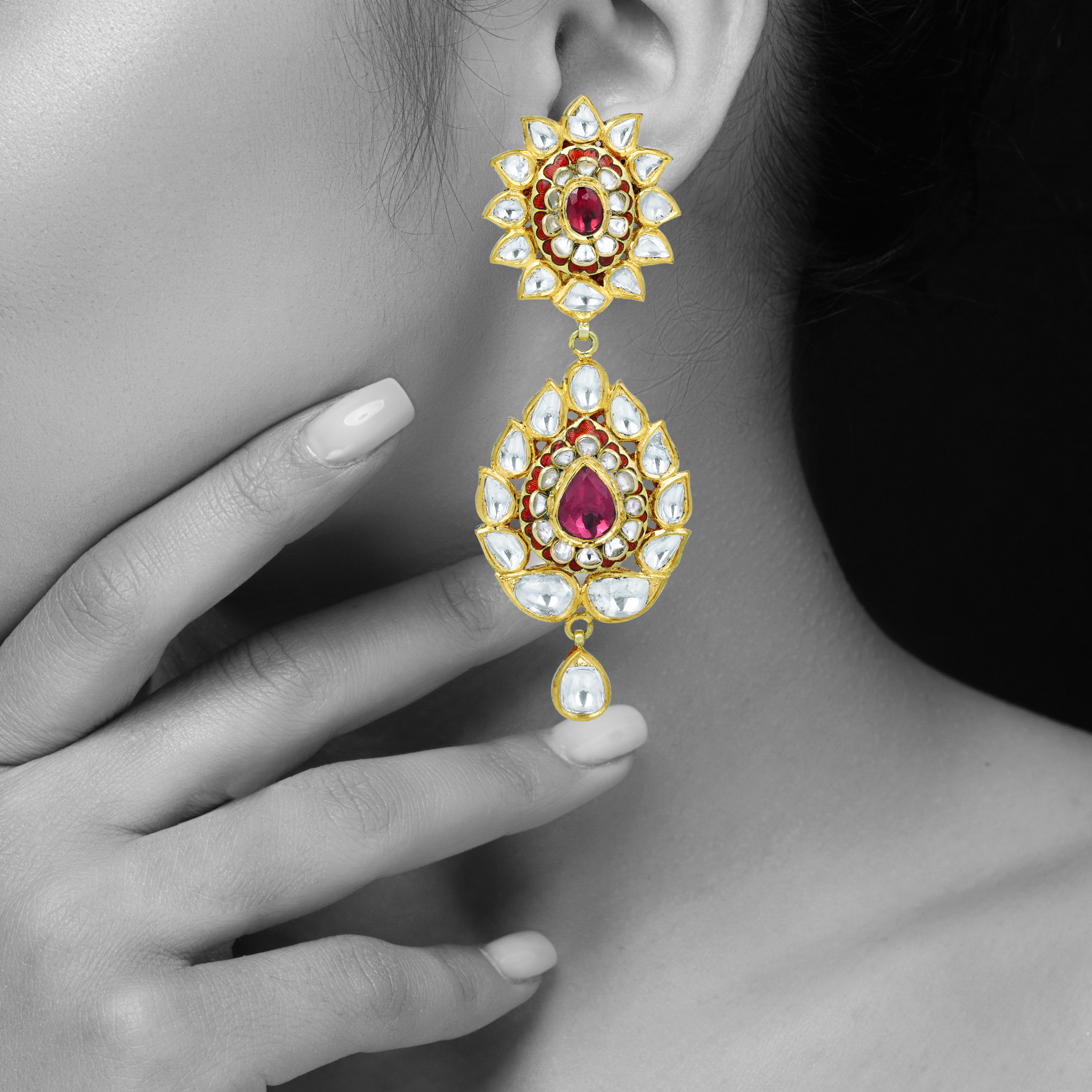 Floral Polki Earrings with Rhodolite and Red Enamel