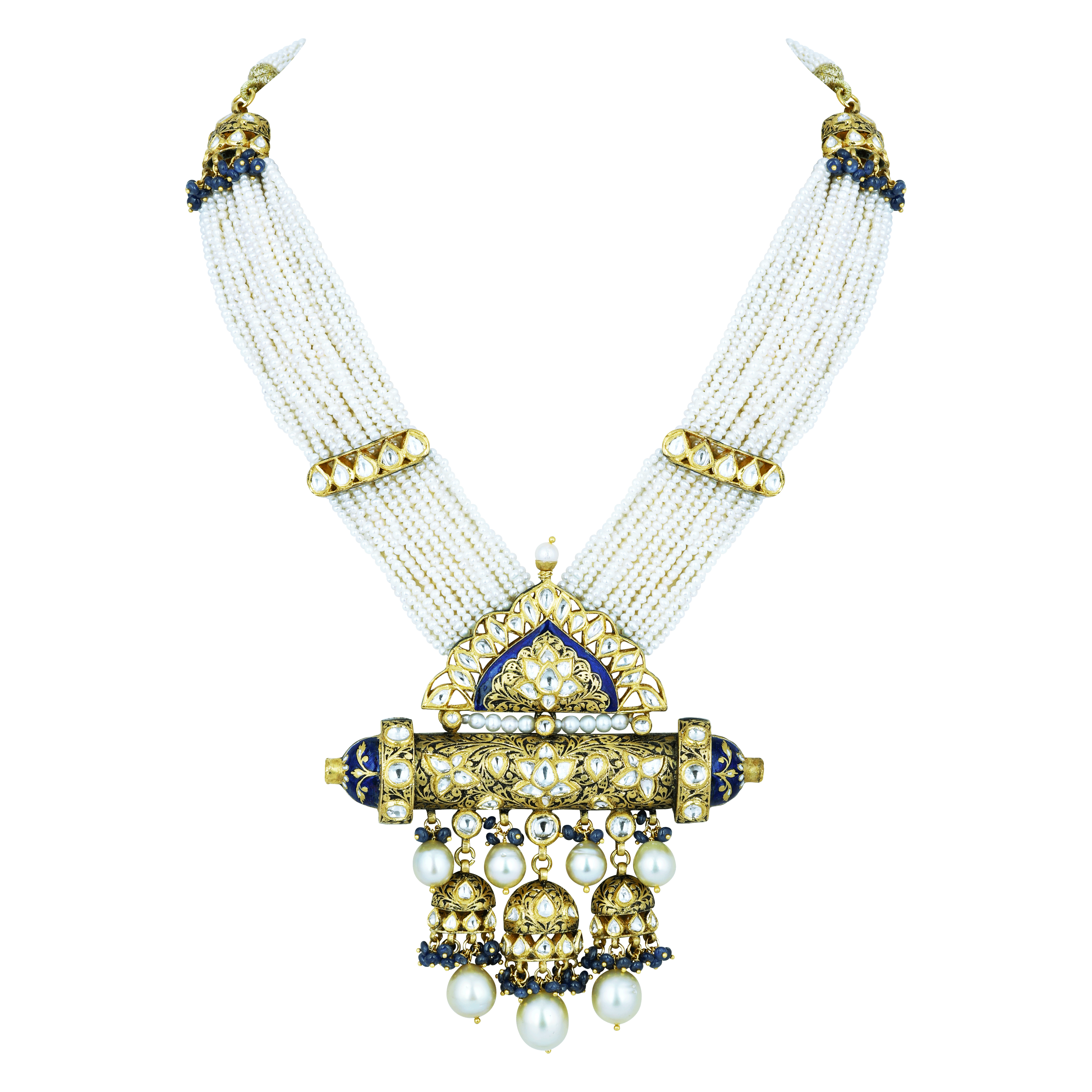 Pearl Strand Necklace with Polki Pendant and Blue Enamel