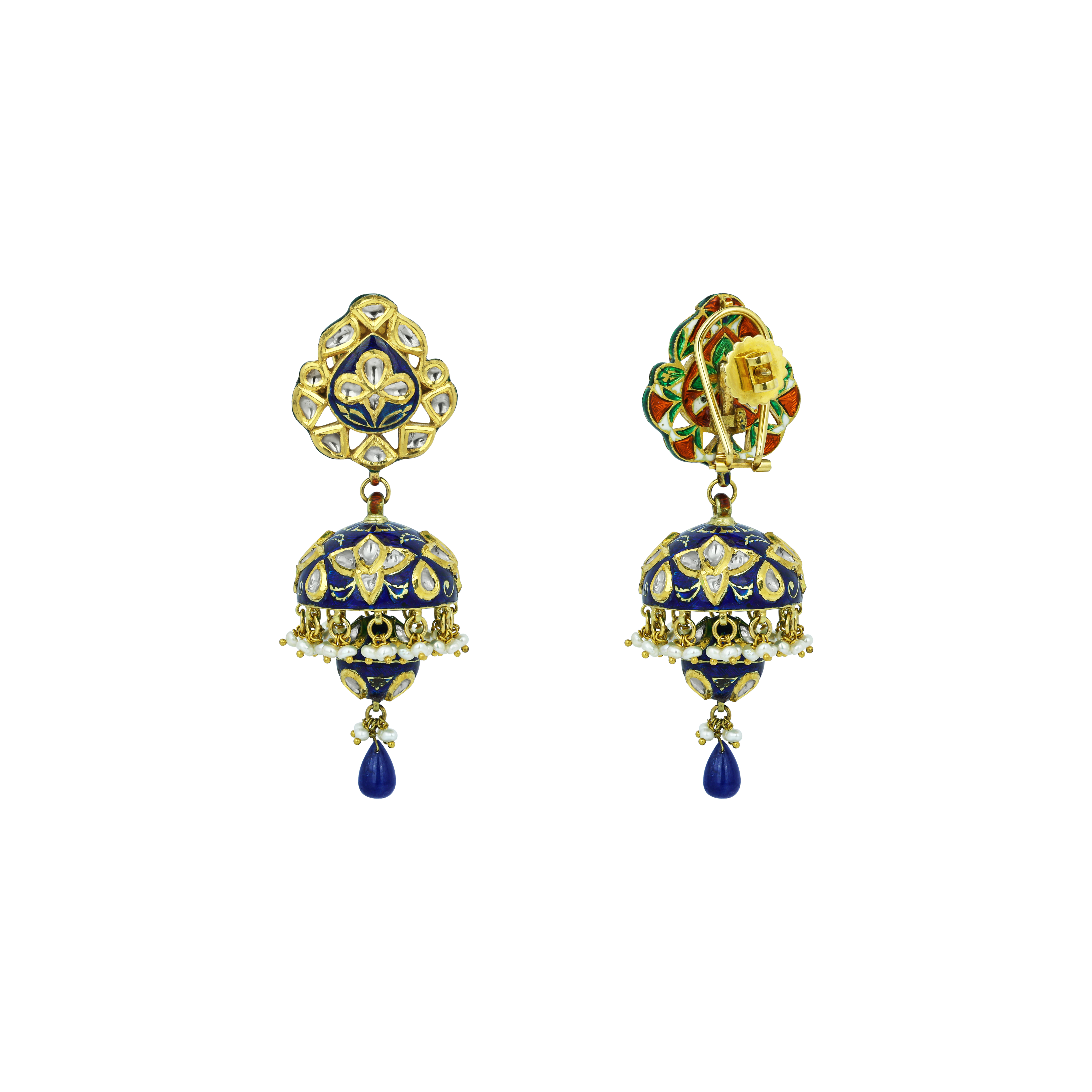 Blue Enamel Polki Jhumkas with Pearl Clusters