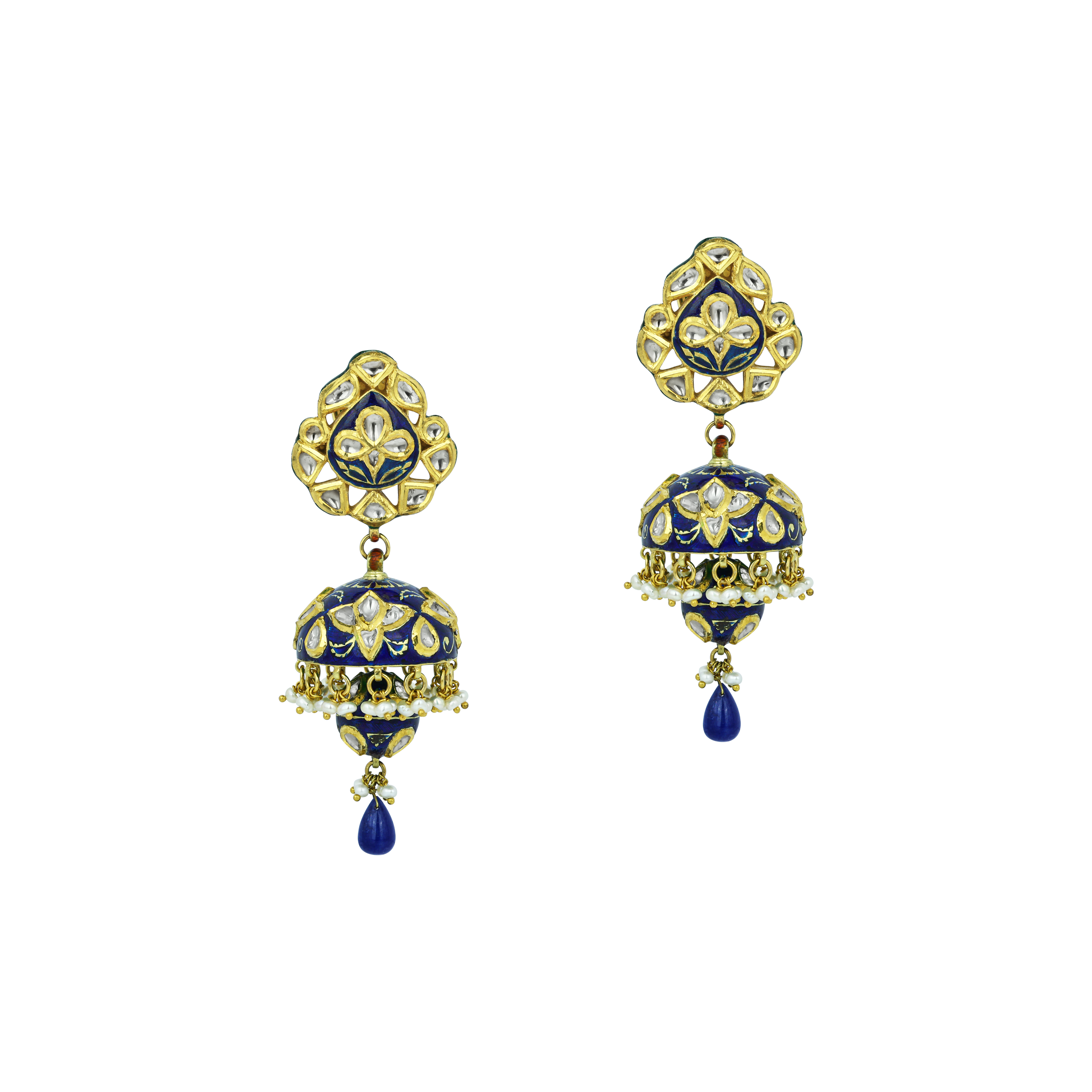 Blue Enamel Polki Jhumkas with Pearl Clusters
