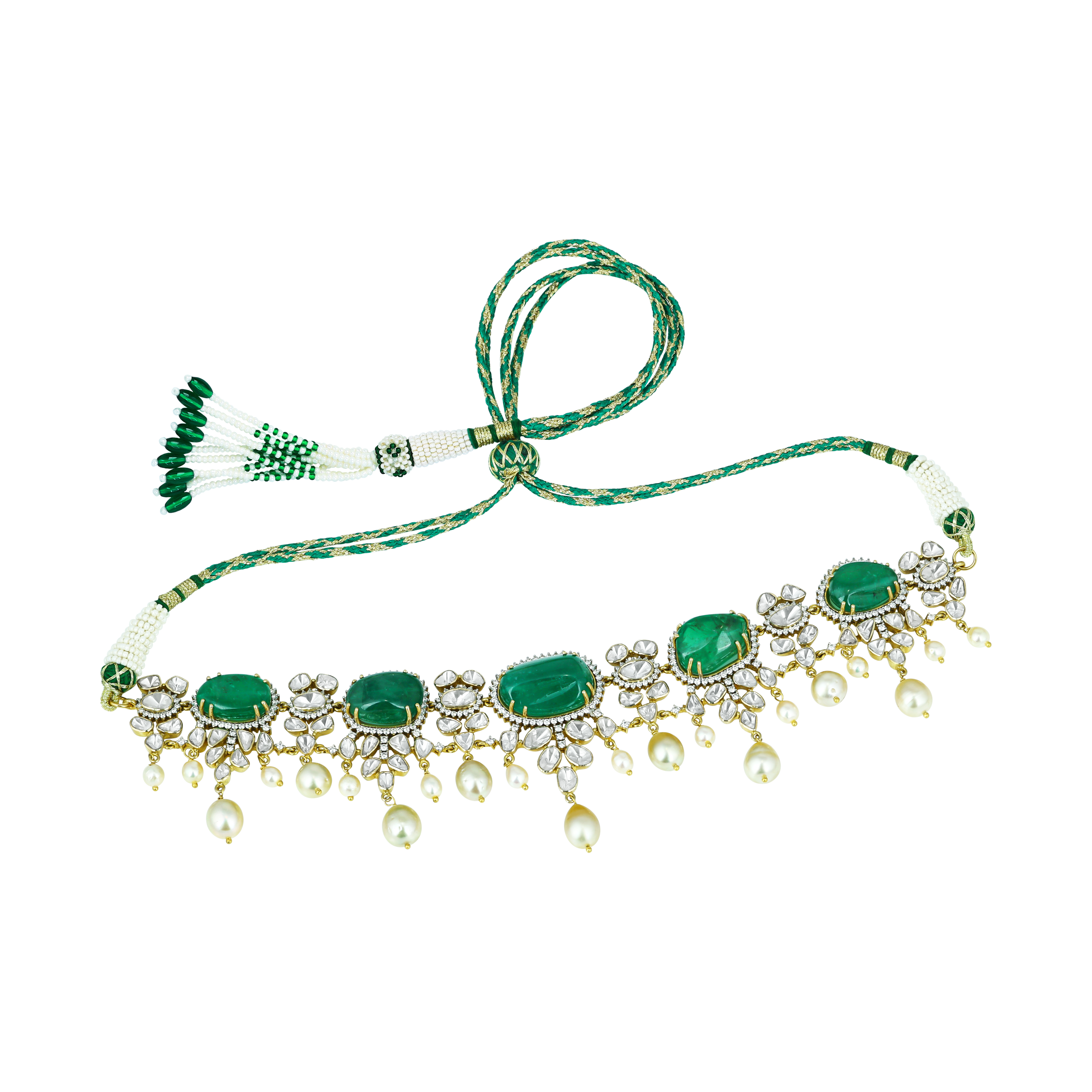 Victorian Emerald and Polki Choker with Southsea Pearl Drops