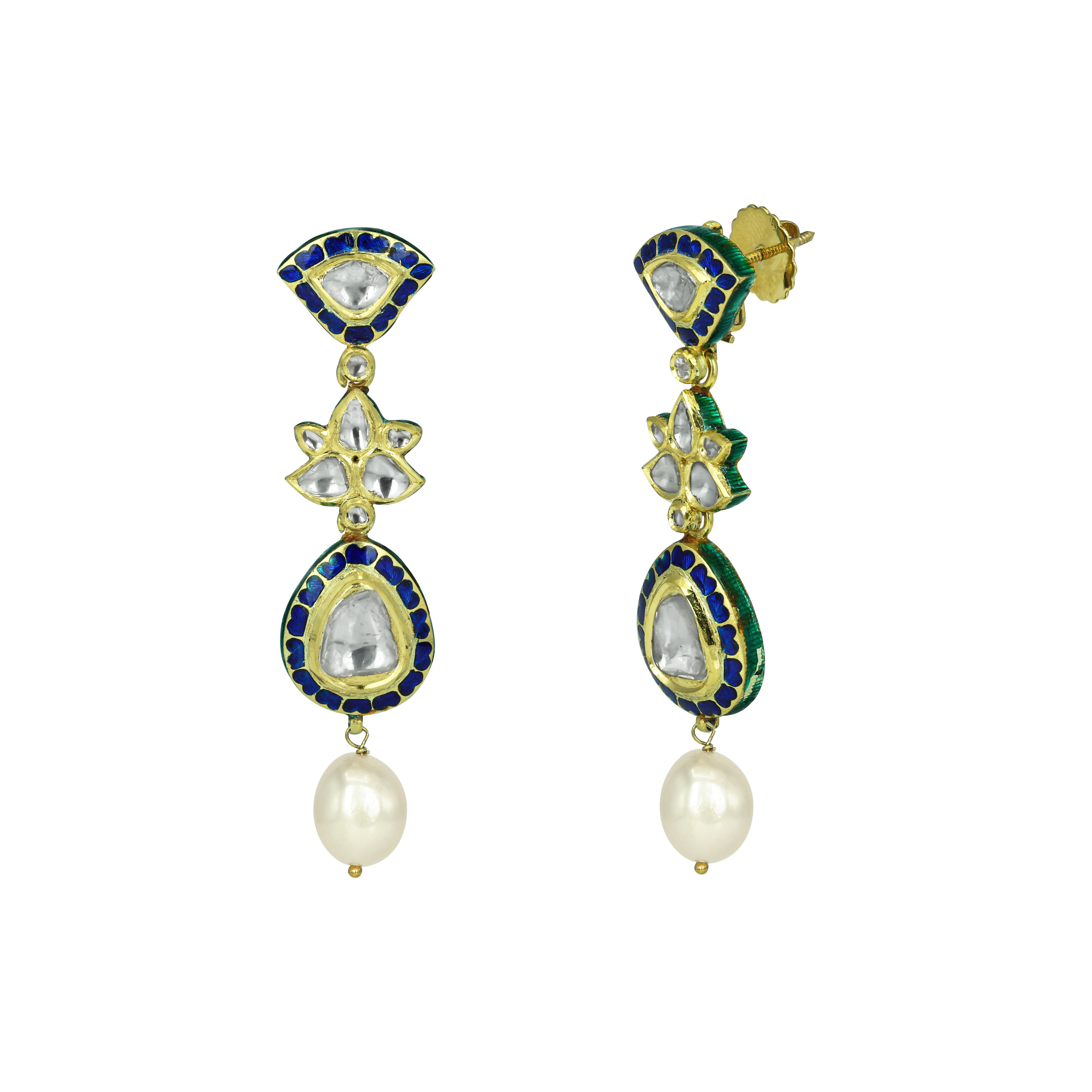 Teardrop Polki Earrings with Deep Blue Enamel