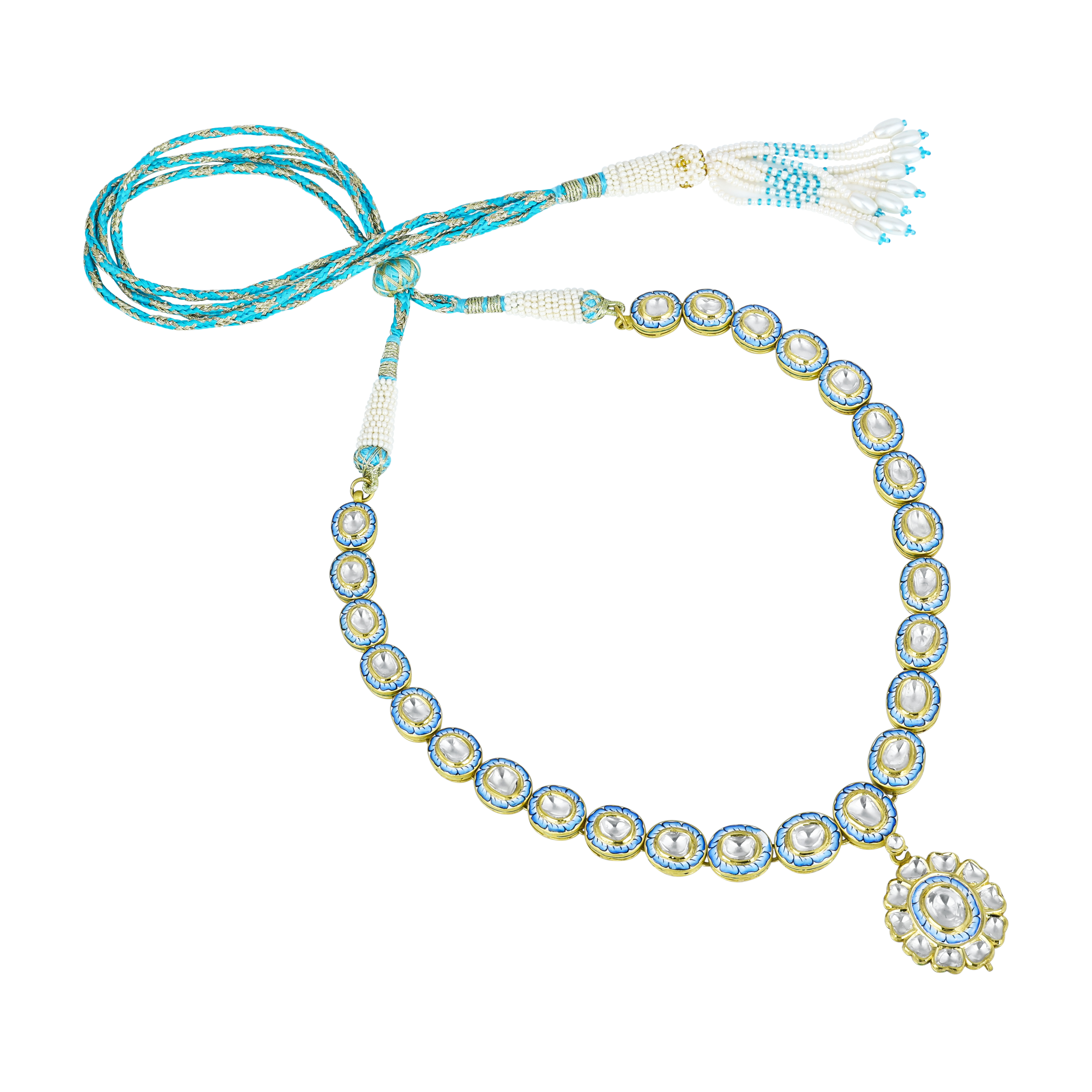 Turquoise Enamel Floral Polki Necklace