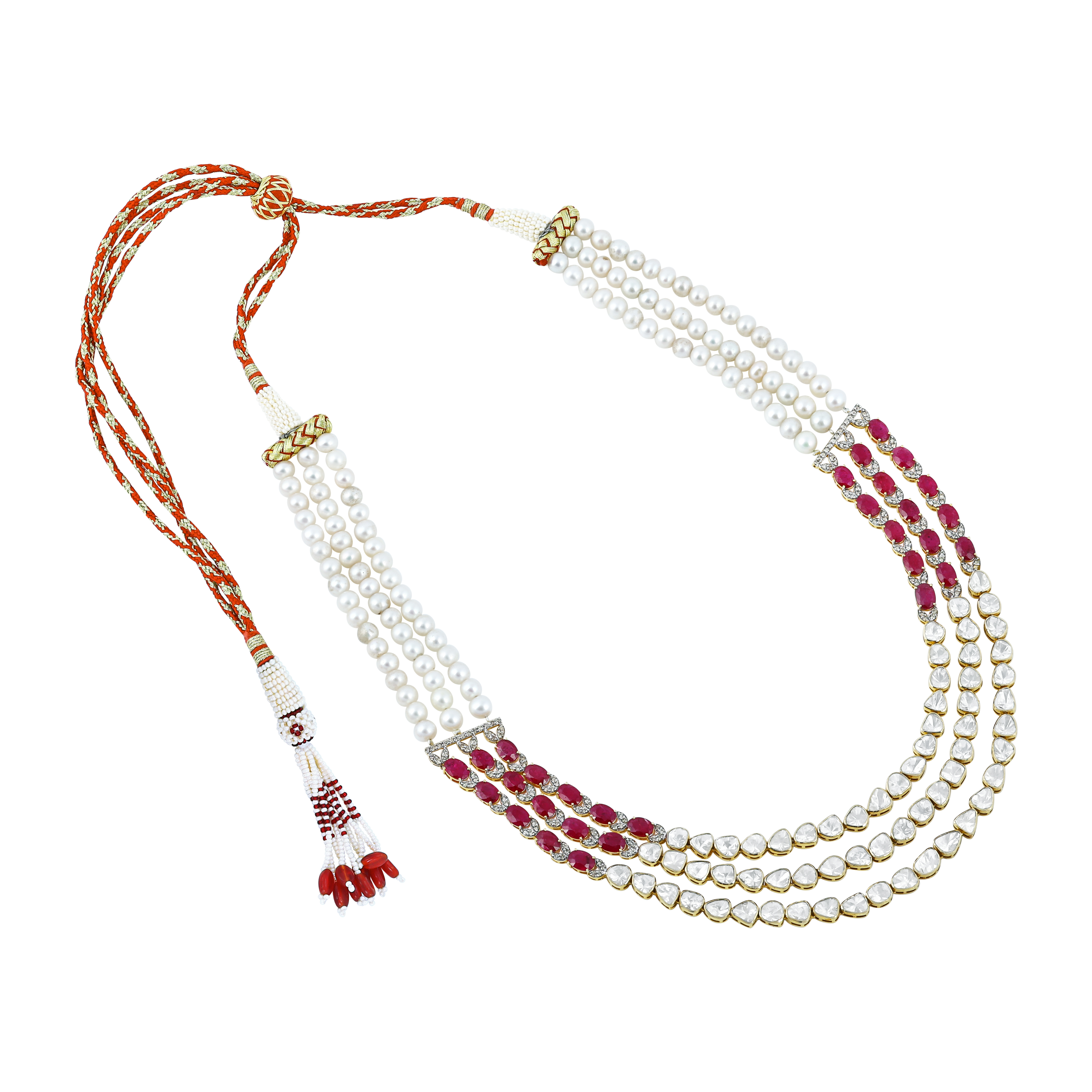 Three-Layer Polki Necklace with Rubies and Pearl Strings