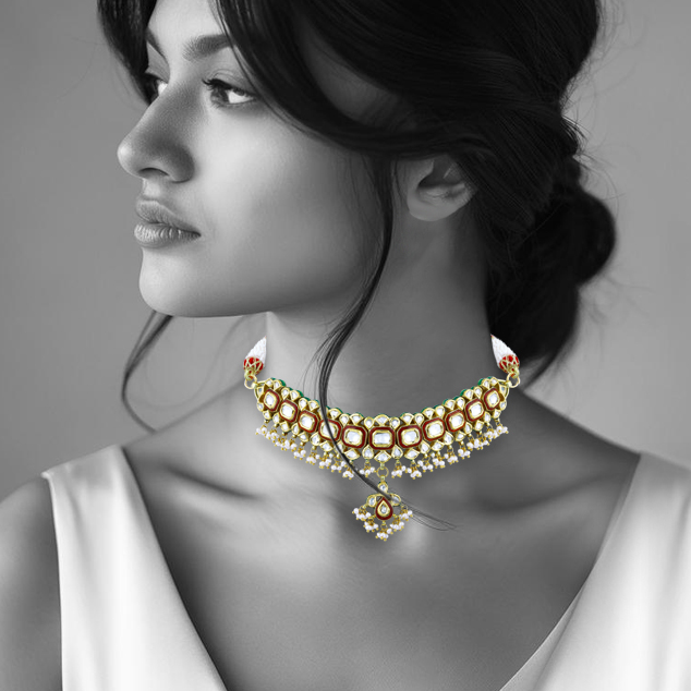 Polki Choker with Red Enamel and Graceful Pearl Clusters