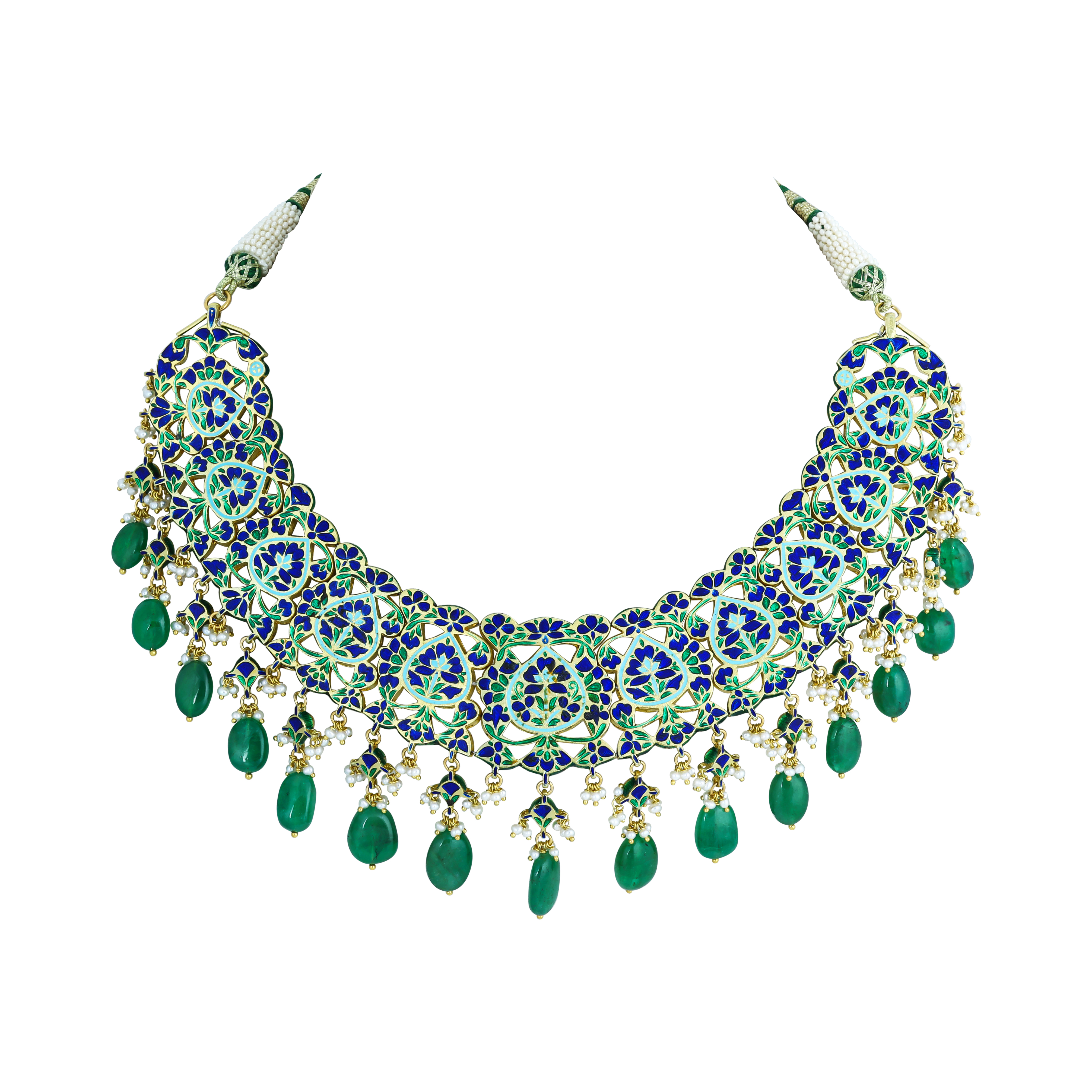 Polki Necklace with Green Enamel and Emerald Drops