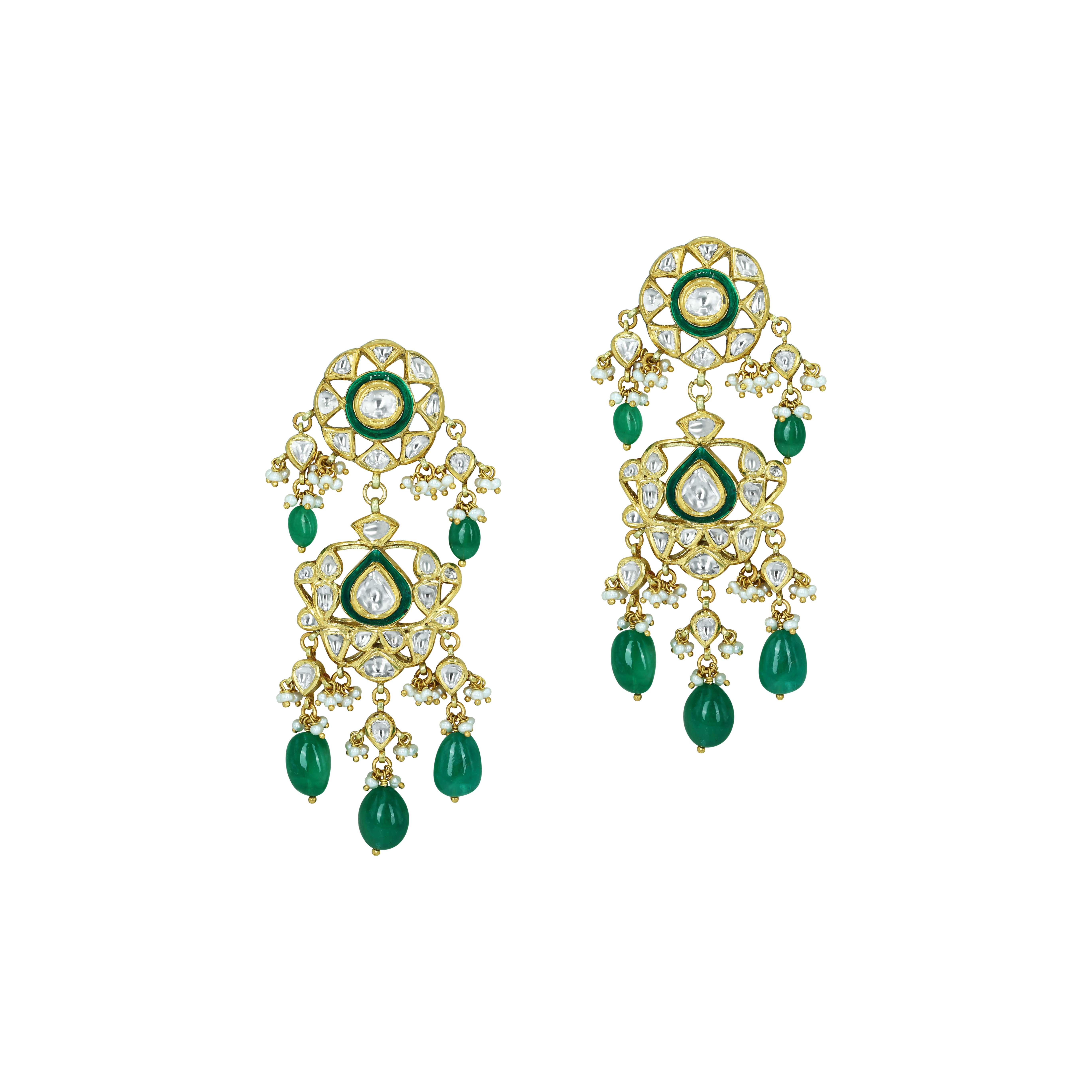 Polki Earrings with Green Enamel and Emerald Drops