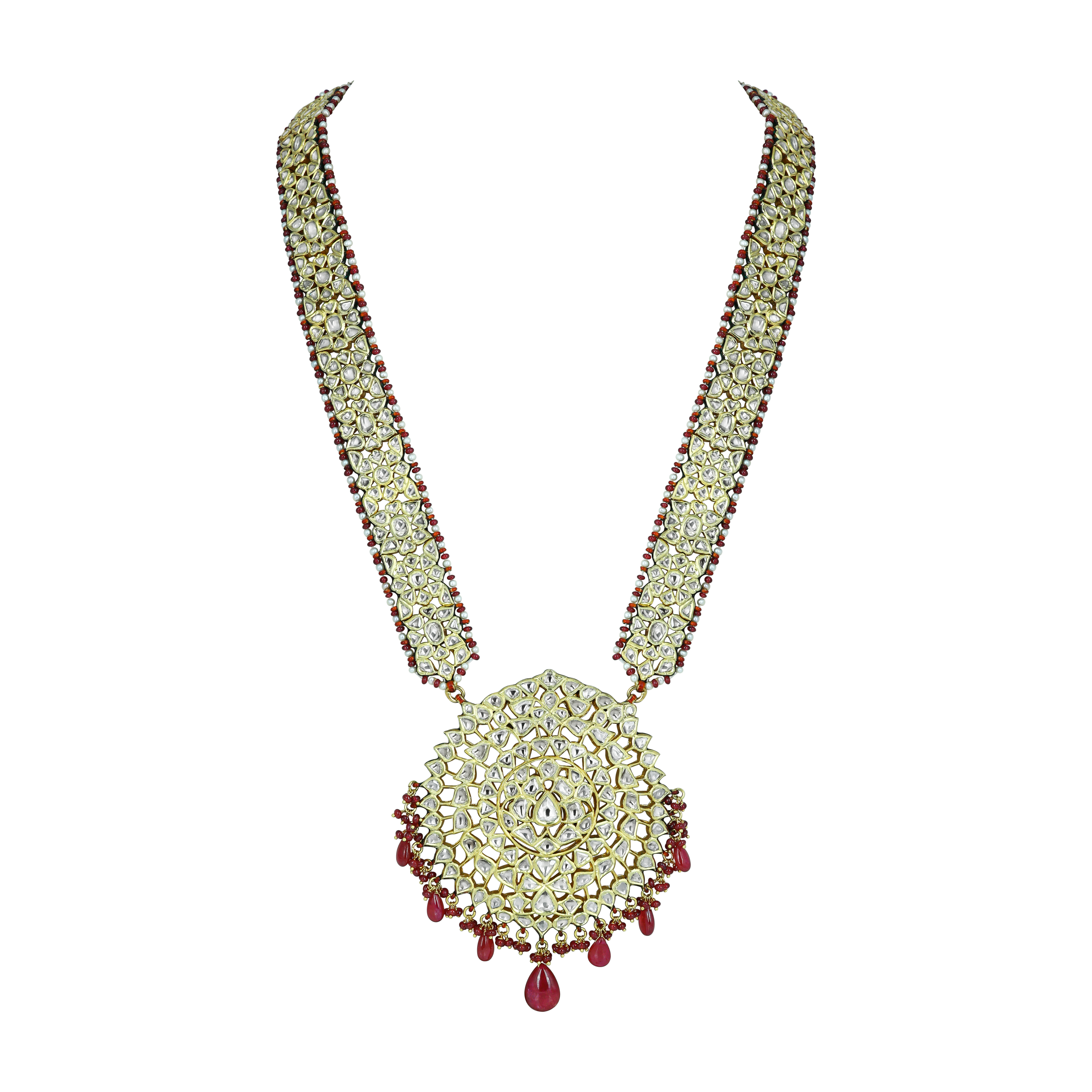Polki Patri Haar Necklace with Spiral Pendant and Ruby Drops