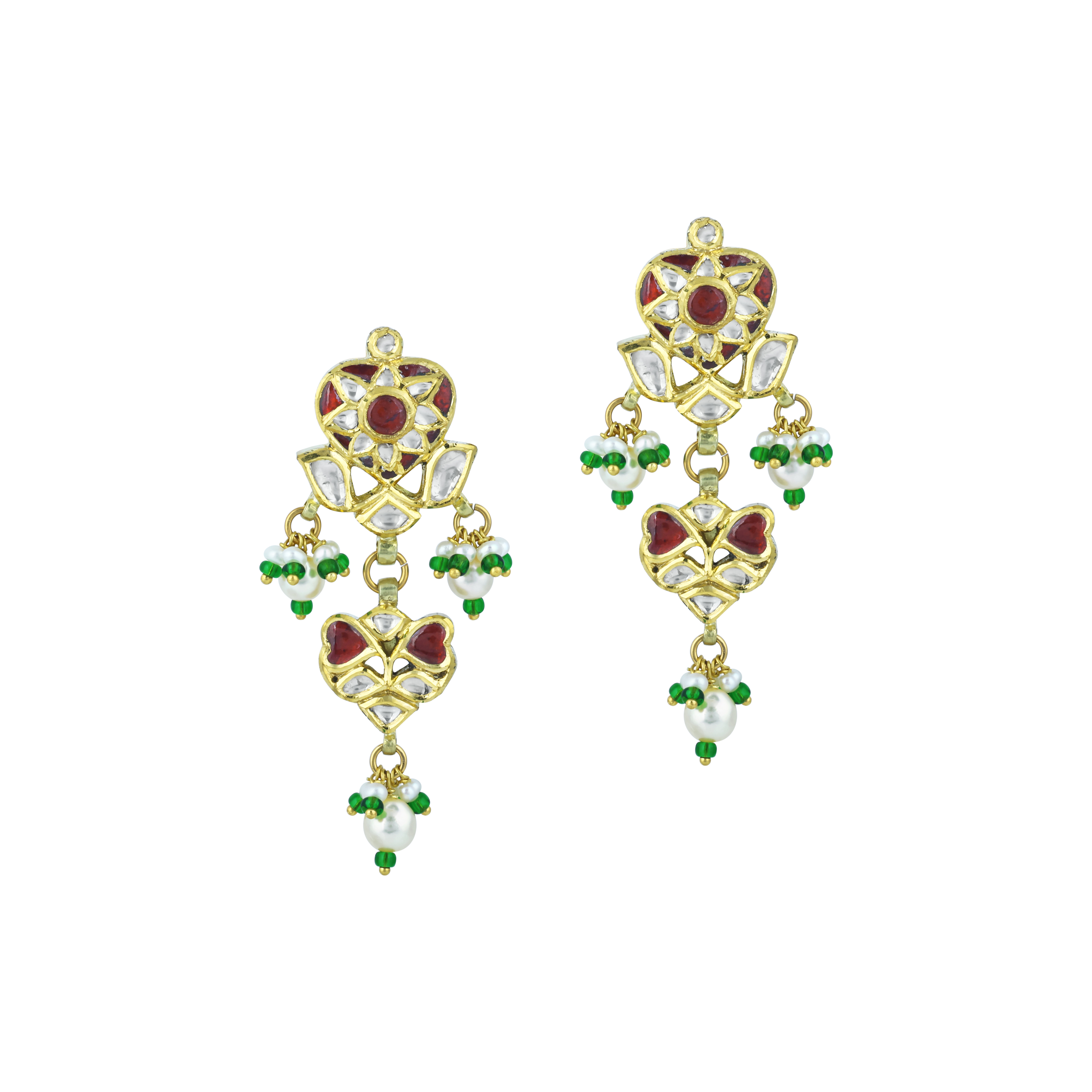 Polki Earrings with Ruby Colour Stone, Pearl Drops, and Emerald Beads